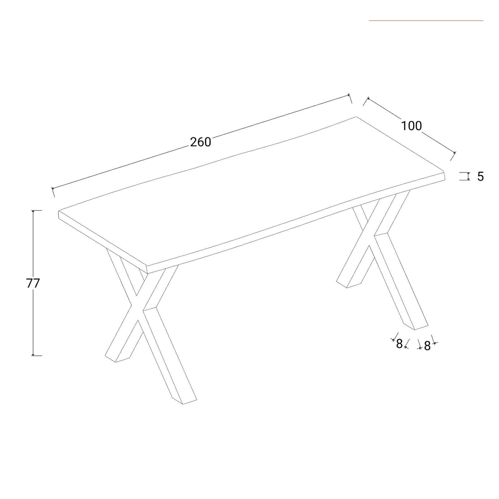 Tavolo 260x100 cm piano in legno di acacia 50 mm e gambe a X 8x8 in metallo nero - Freia Wood