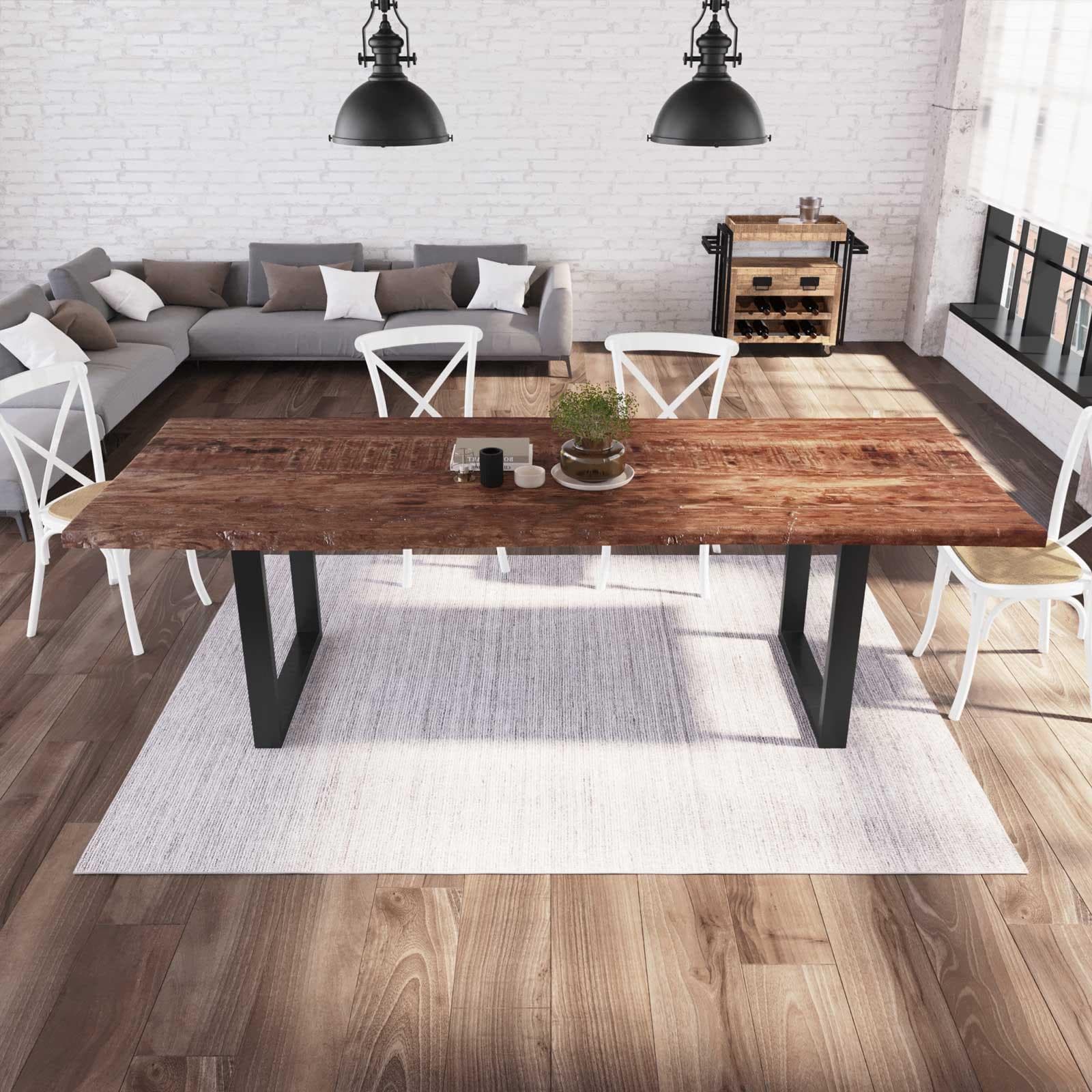Tavolo 260x100 cm piano in legno di acacia 50 mm e gambe a U 8x4 in metallo nero - Freia Wood