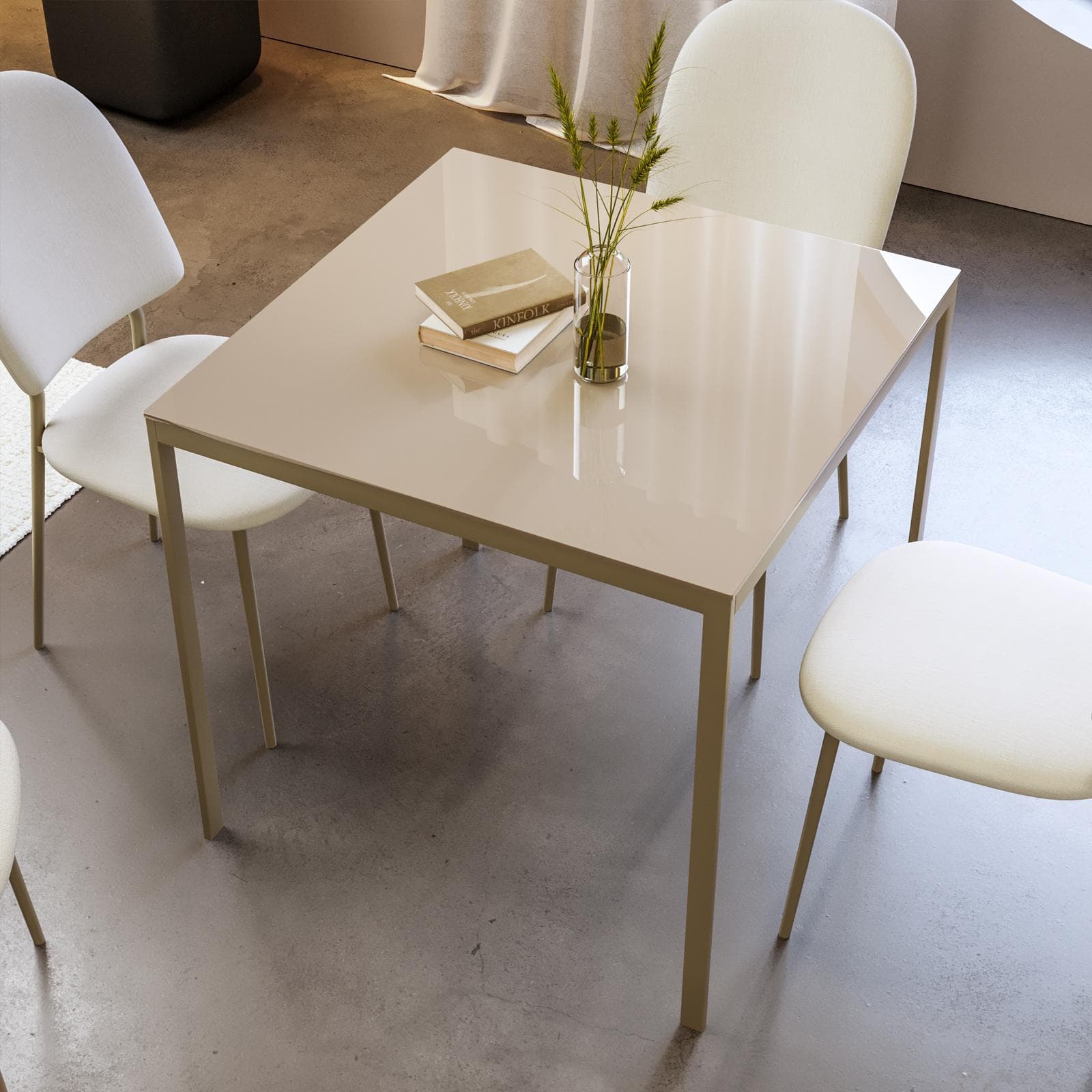 Tavolo 80x80 cm con top in vetro temperato tortora e gambe in metallo - Styloi