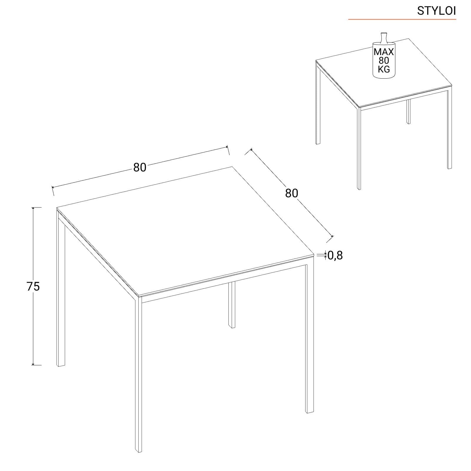 Tavolo 80x80 cm con top in vetro temperato tortora e gambe in metallo - Styloi