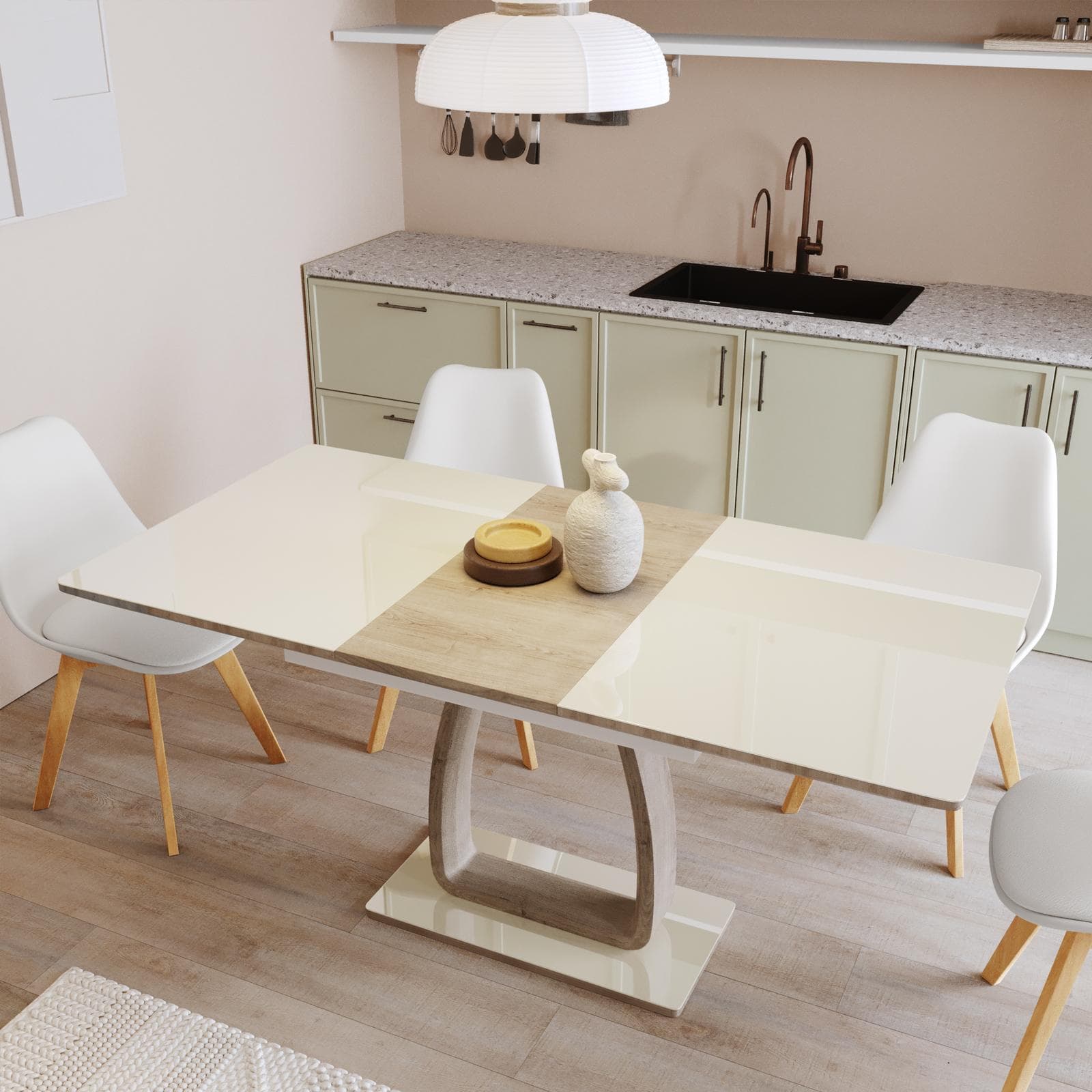 Tavolo allungabile 120-160x80 cm piano in vetro champagne e gamba centrale in legno - Stage