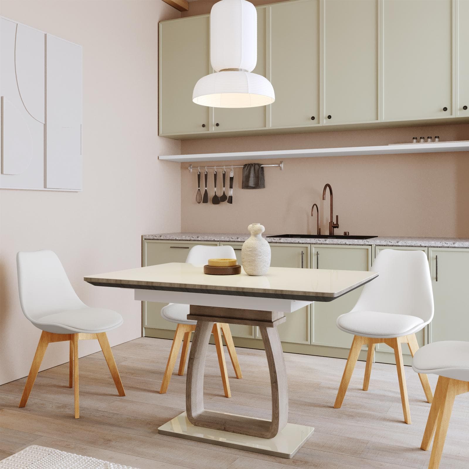 Tavolo allungabile 120-160x80 cm piano in vetro champagne e gamba centrale in legno - Stage