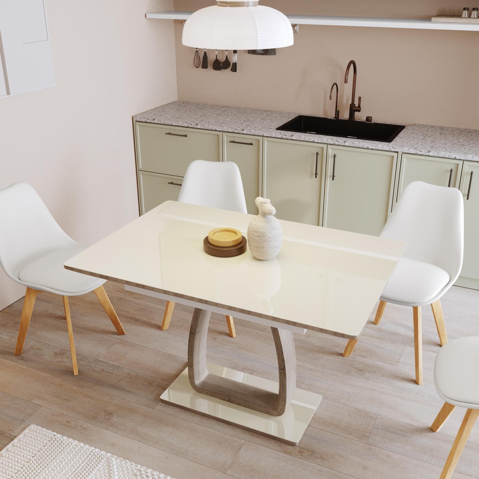 Tavolo allungabile 120-160x80 cm piano in vetro champagne e gamba centrale in legno - Stage