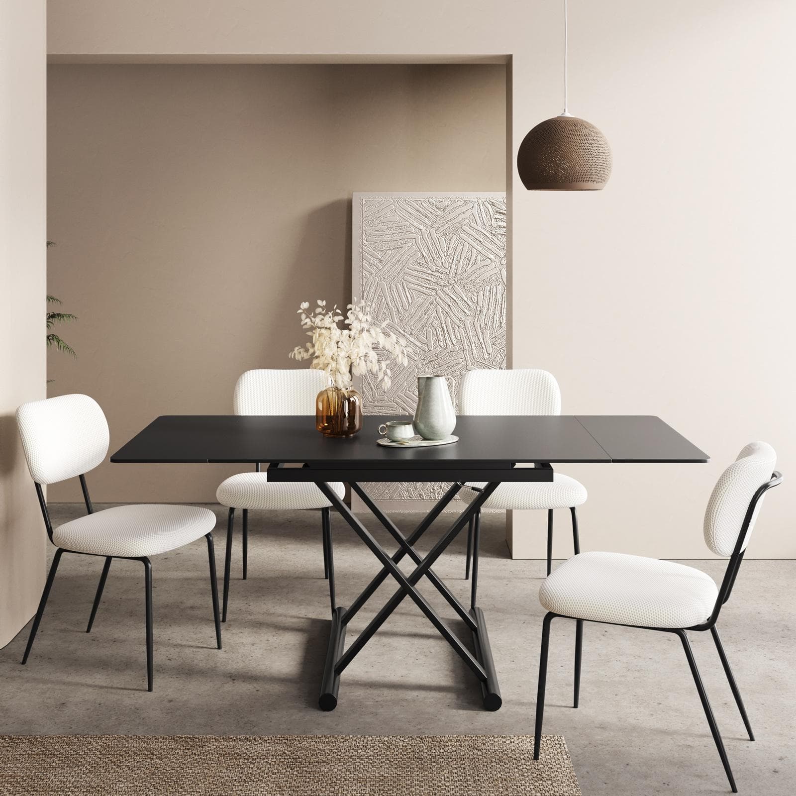 Tavolo allungabile 120-180x80 cm con top in ceramica nero opaco e gambe in metallo nero regolabili- Becky