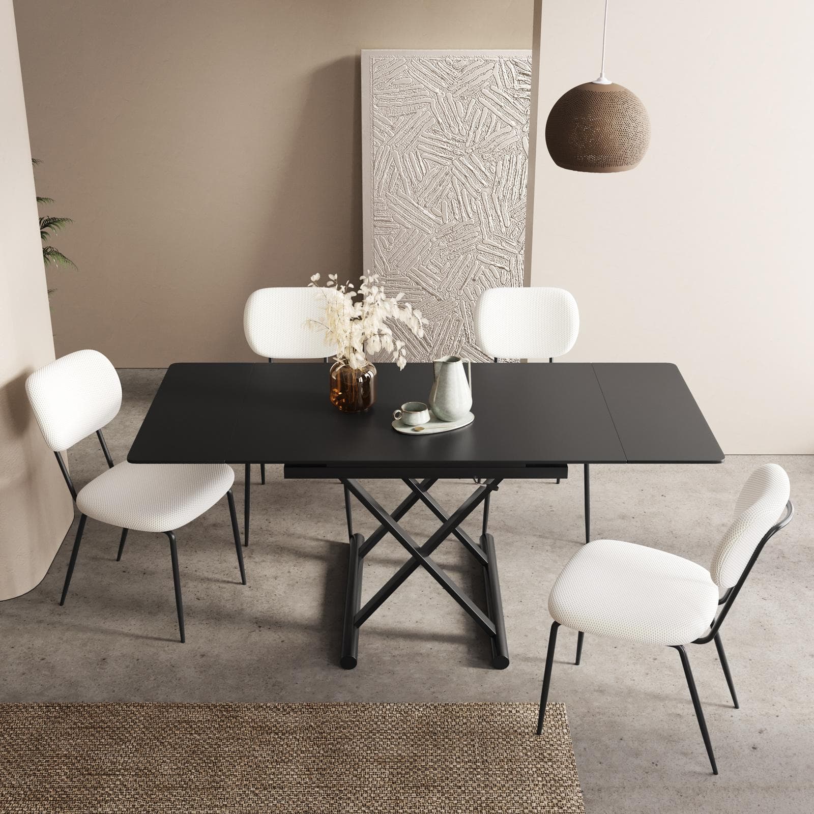 Tavolo allungabile 120-180x80 cm con top in ceramica nero opaco e gambe in metallo nero regolabili- Becky