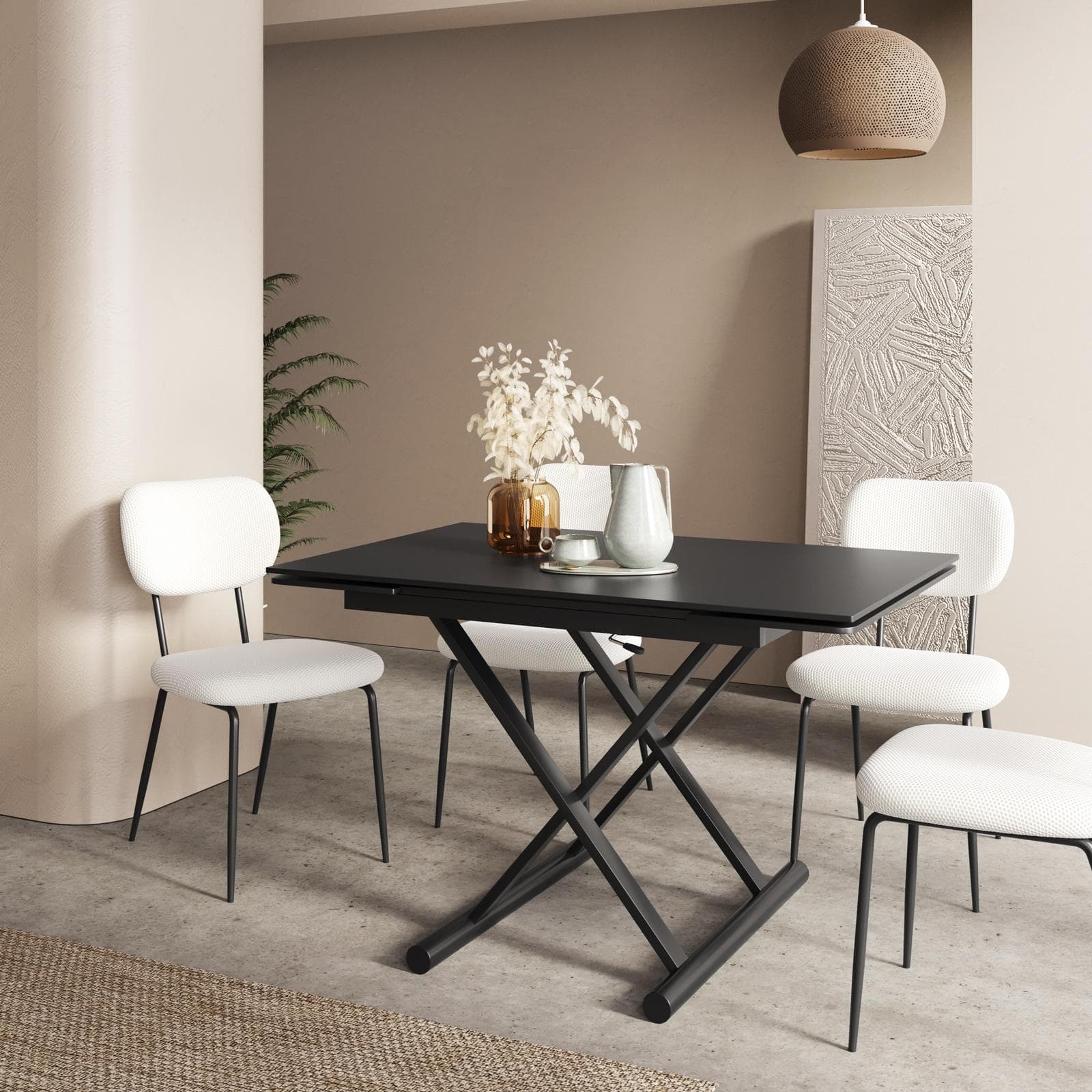 Tavolo allungabile 120-180x80 cm con top in ceramica nero opaco e gambe in metallo nero regolabili- Becky