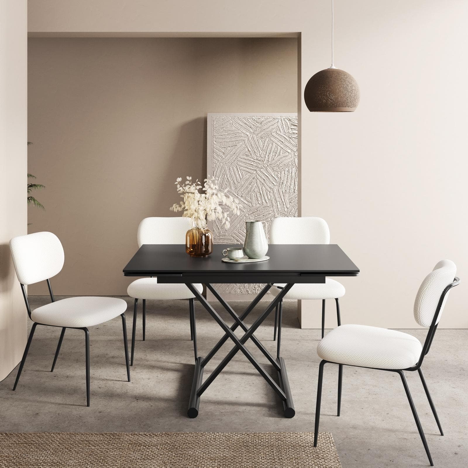 Tavolo allungabile 120-180x80 cm con top in ceramica nero opaco e gambe in metallo nero regolabili- Becky