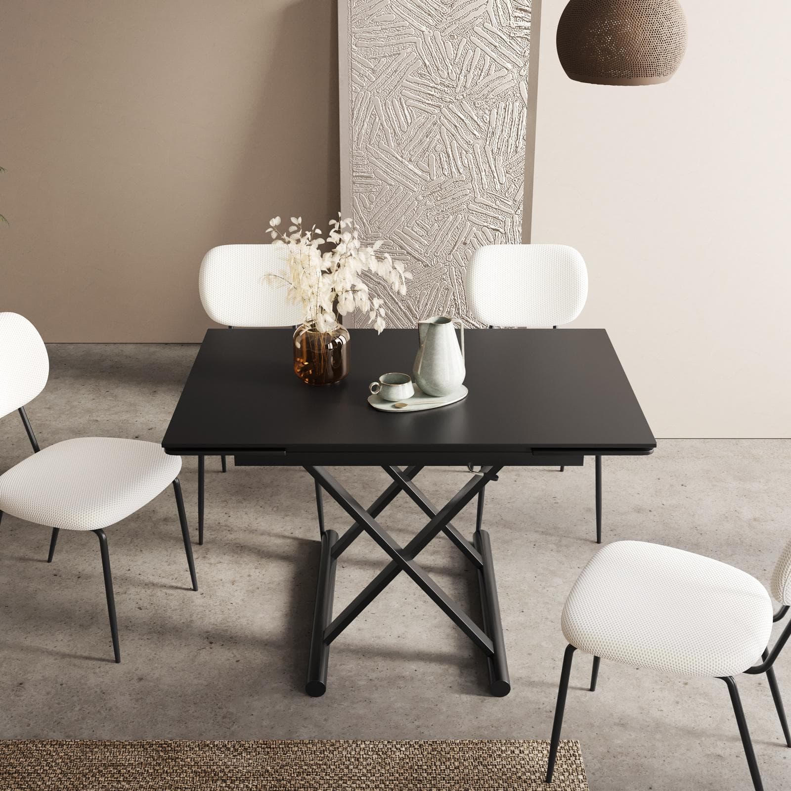 Tavolo allungabile 120-180x80 cm con top in ceramica nero opaco e gambe in metallo nero regolabili- Becky