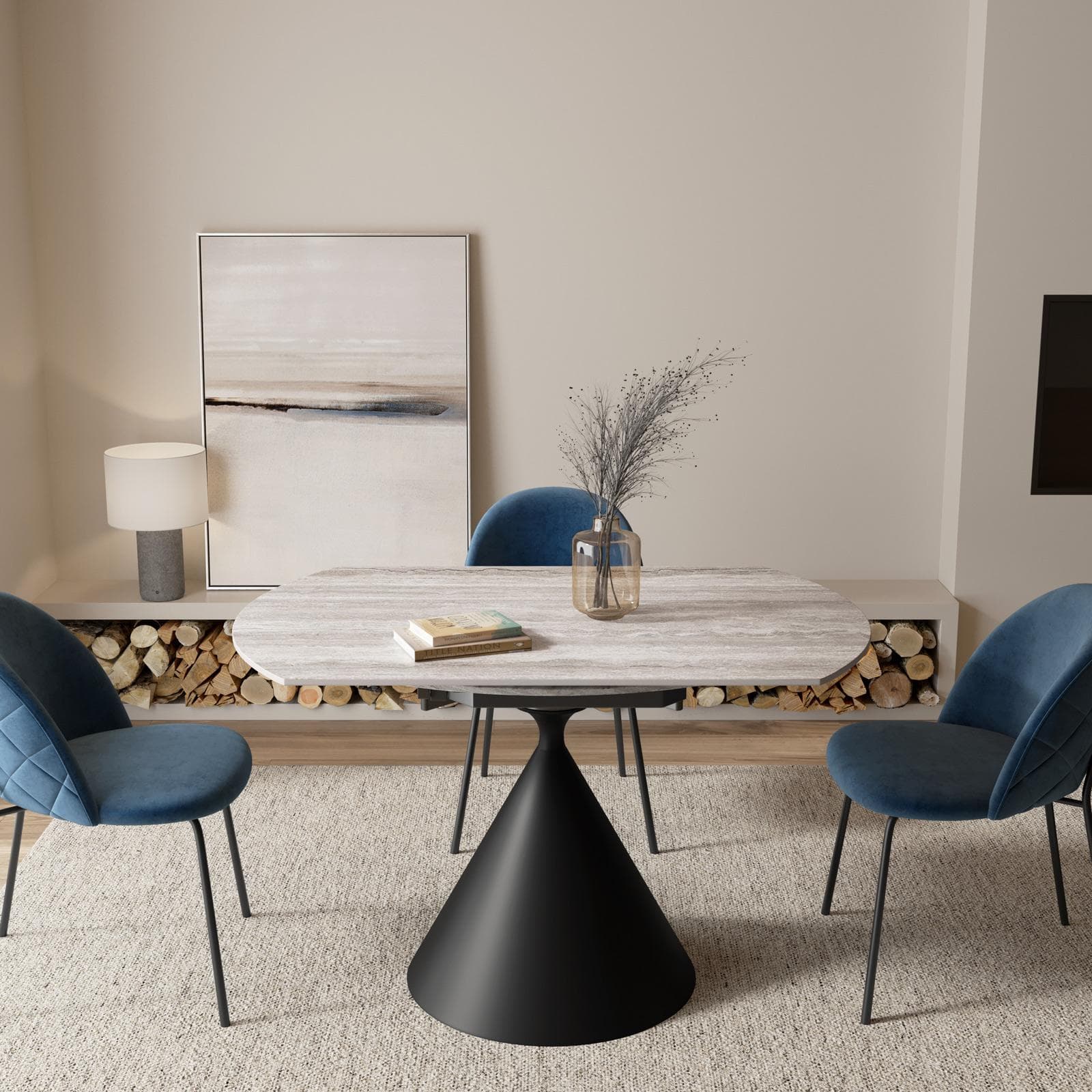 Tavolo allungabile 120x80-120 cm meccanismo girevole con top in ceramica effetto travertino beige e base nera - Optimus