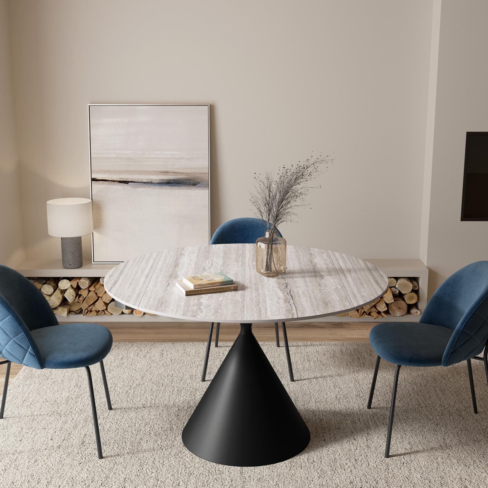 Tavolo allungabile 120x80-120 cm meccanismo girevole con top in ceramica effetto travertino beige e base nera - Optimus