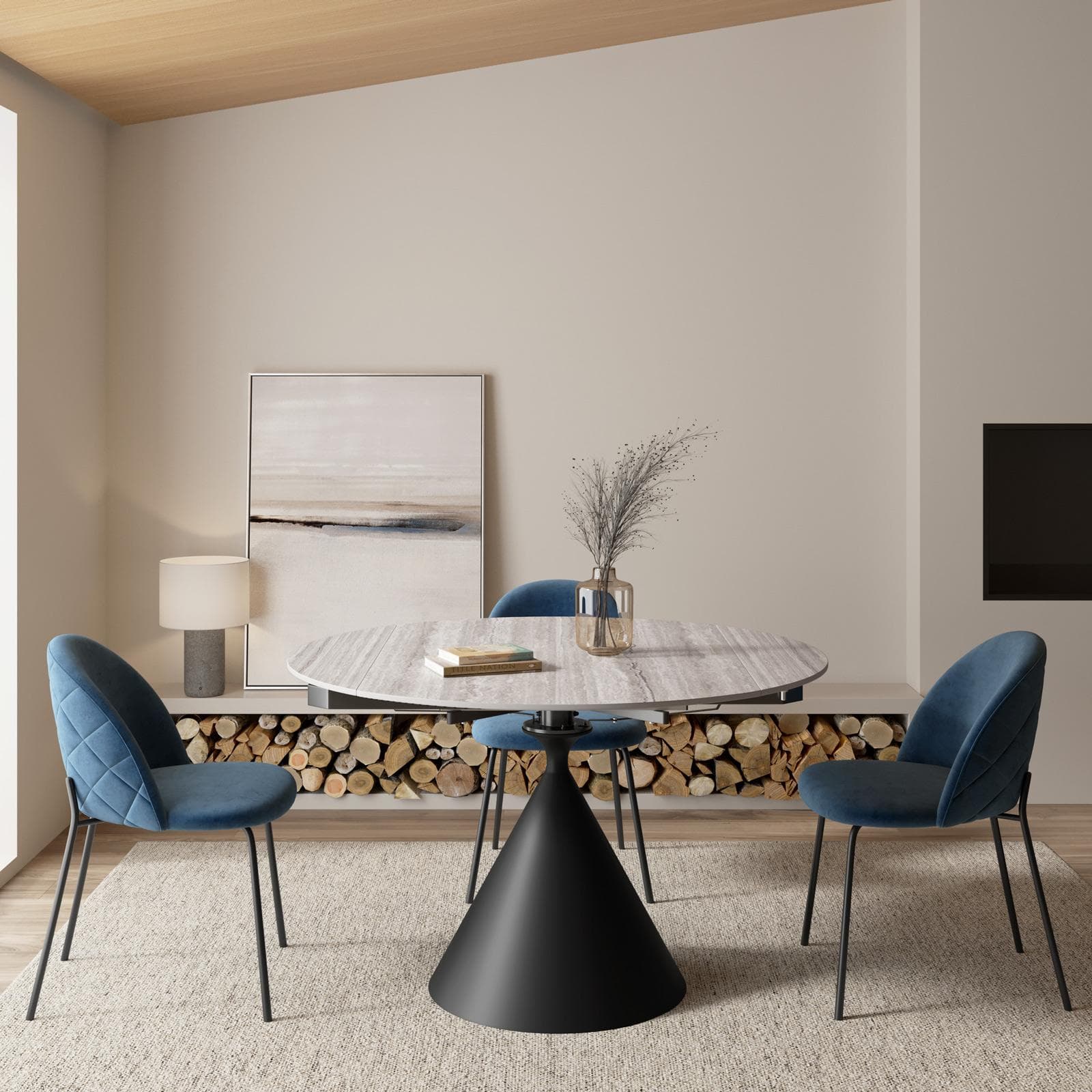 Tavolo allungabile 120x80-120 cm meccanismo girevole con top in ceramica effetto travertino beige e base nera - Optimus