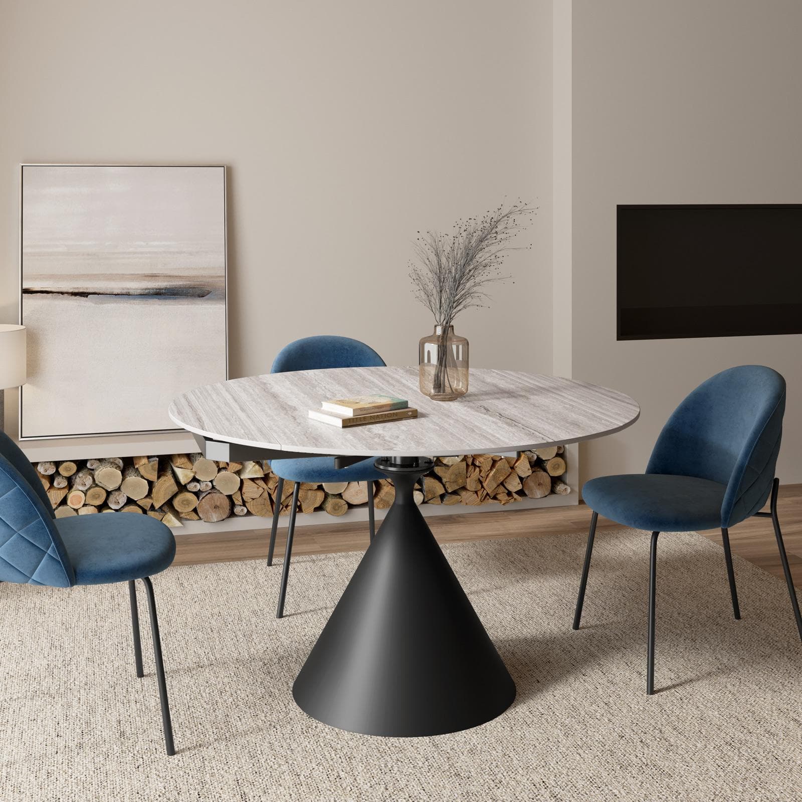 Tavolo allungabile 120x80-120 cm meccanismo girevole con top in ceramica effetto travertino beige e base nera - Optimus