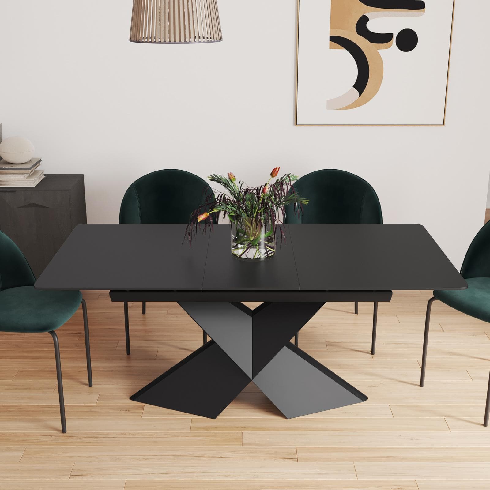 Tavolo allungabile 140-180x90 cm top in ceramica nero opaco e gambe in metallo nero - Witter