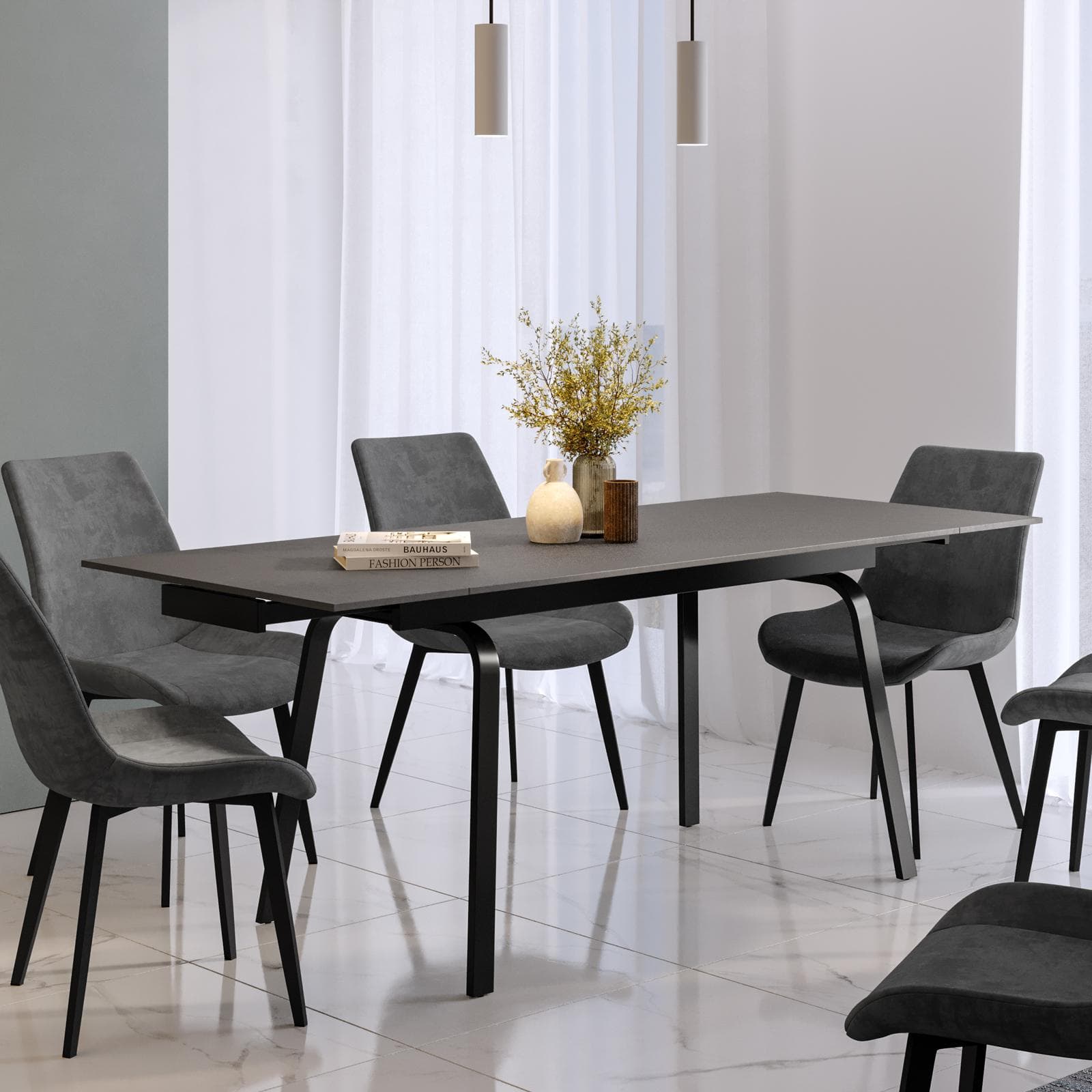 Tavolo allungabile 140-200x80 cm con top effetto marmo grigio e gambe in metallo - Mosley