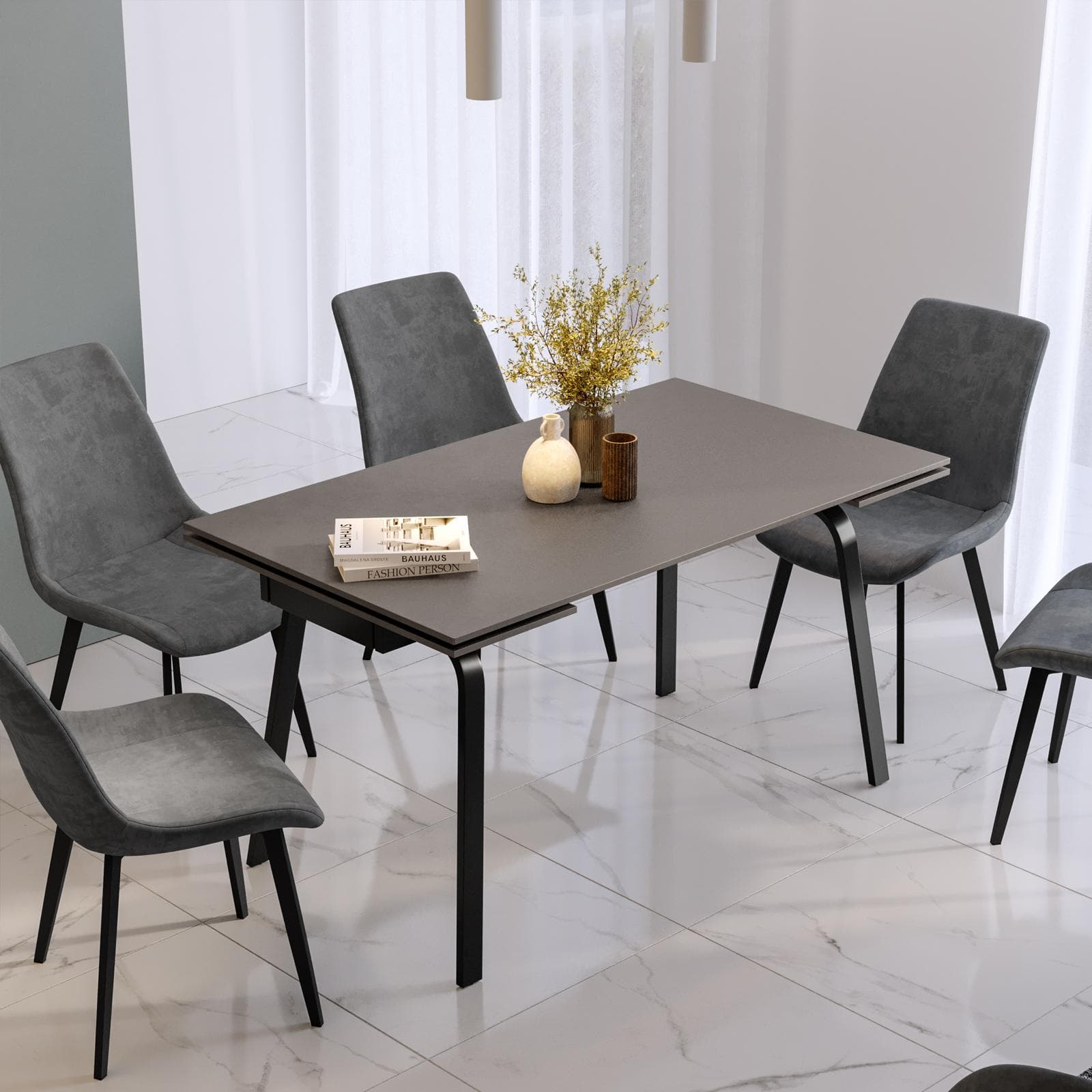 Tavolo allungabile 140-200x80 cm con top effetto marmo grigio e gambe in metallo - Mosley