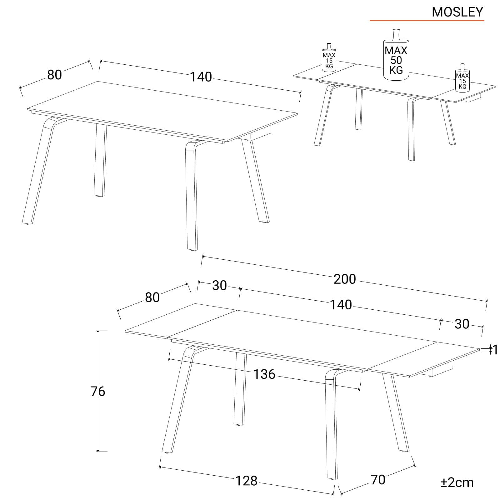 Tavolo allungabile 140-200x80 cm con top effetto marmo grigio e gambe in metallo - Mosley