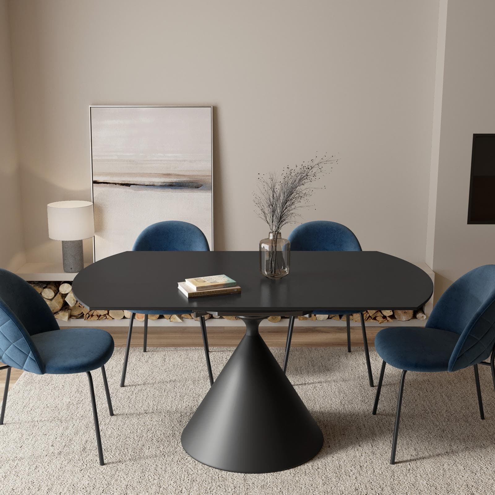 Tavolo allungabile 150x90-150 cm meccanismo girevole con top in ceramica nero e base in metallo - Optimus