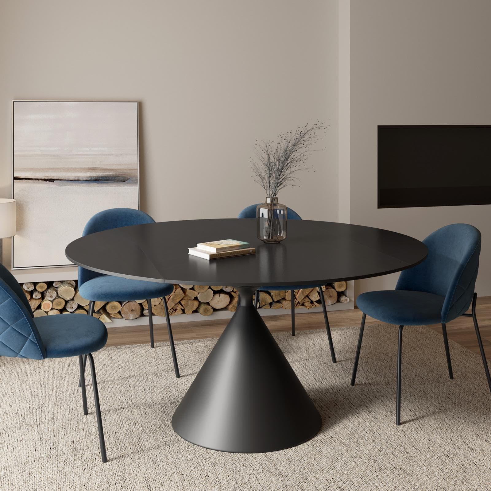 Tavolo allungabile 150x90-150 cm meccanismo girevole con top in ceramica nero e base in metallo - Optimus