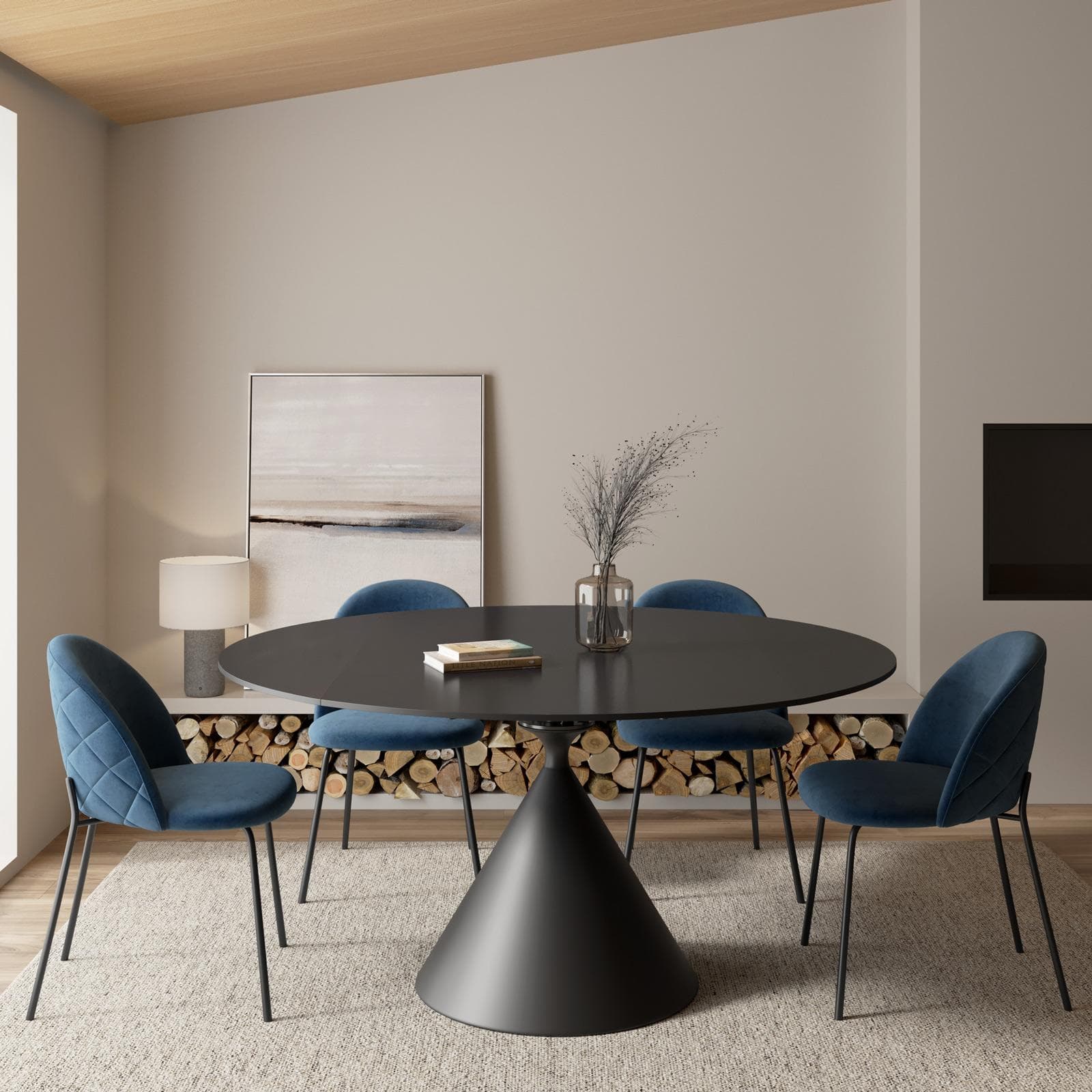 Tavolo allungabile 150x90-150 cm meccanismo girevole con top in ceramica nero e base in metallo - Optimus