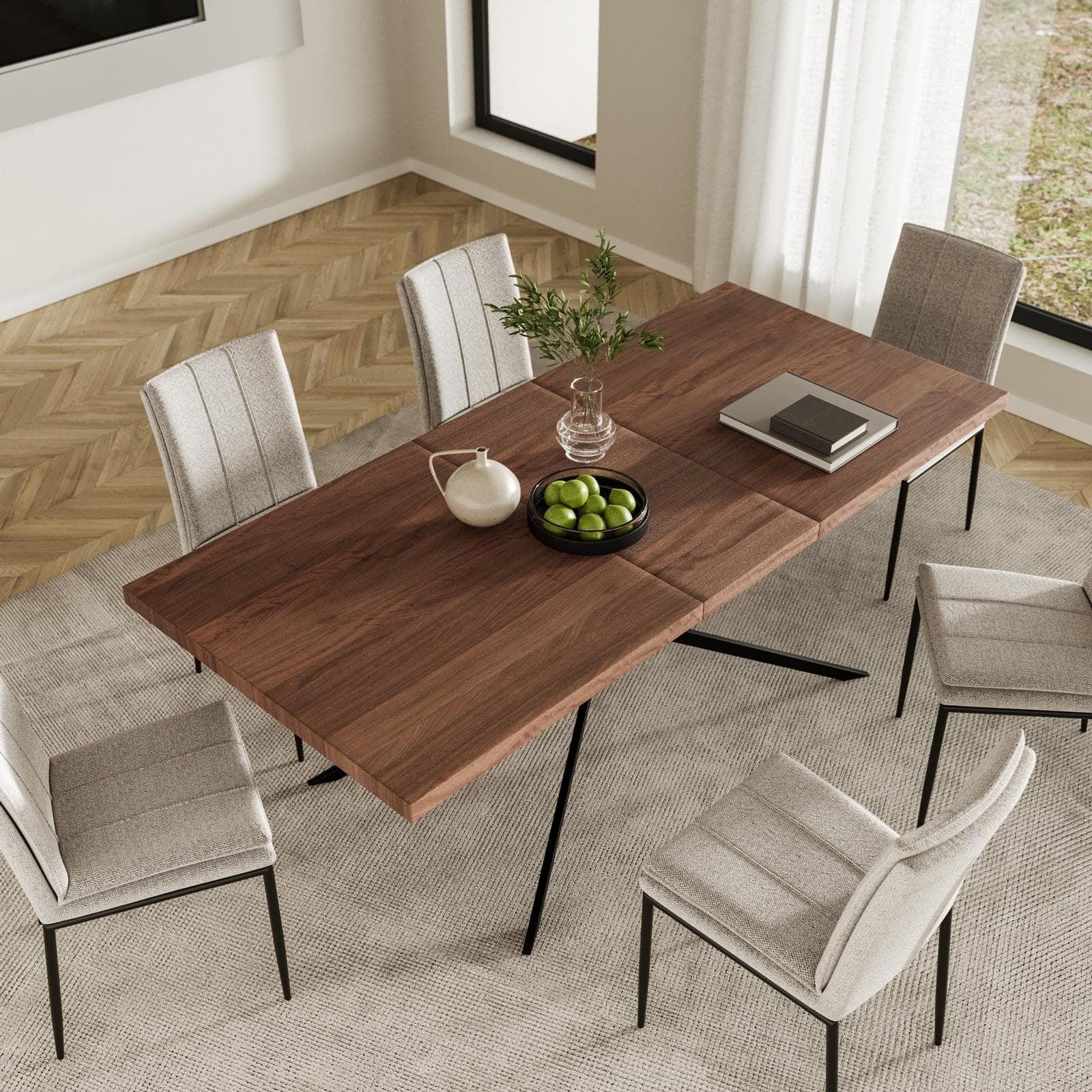 Tavolo allungabile 160-200x90 cm top noce con gambe in metallo nero - Thorin