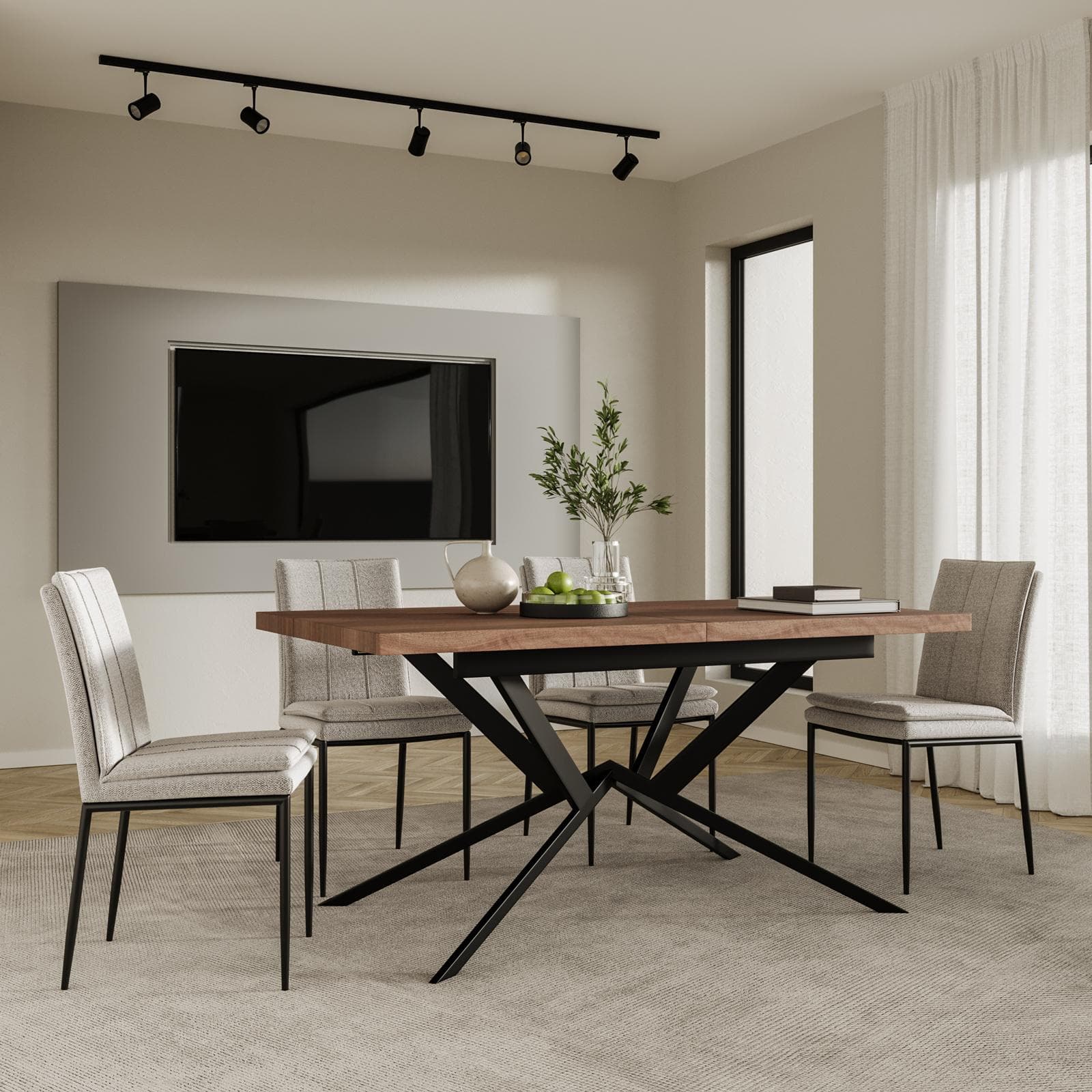 Tavolo allungabile 160-200x90 cm top noce con gambe in metallo nero - Thorin
