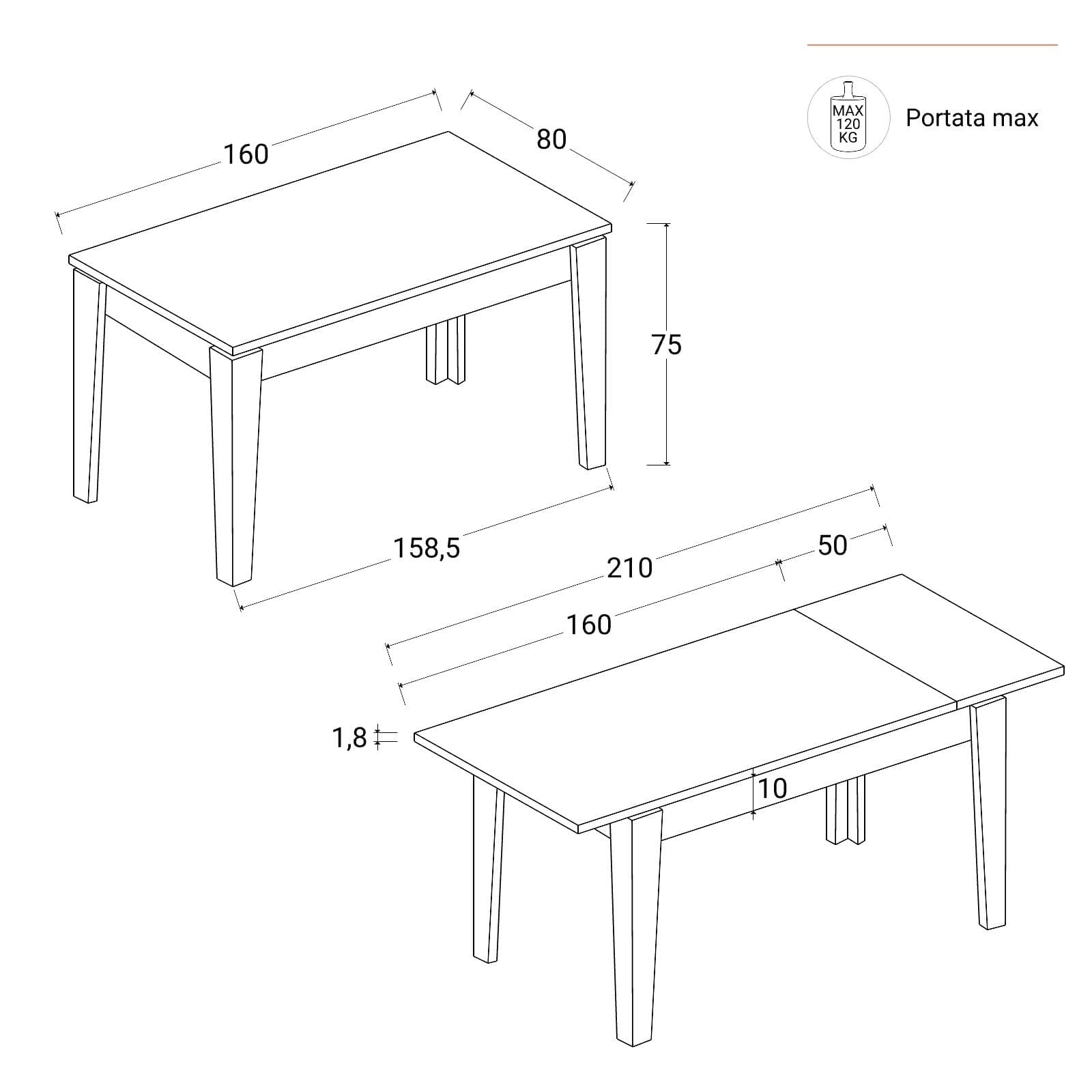 Tavolo allungabile 160-210x80 cm rovere - Amigo