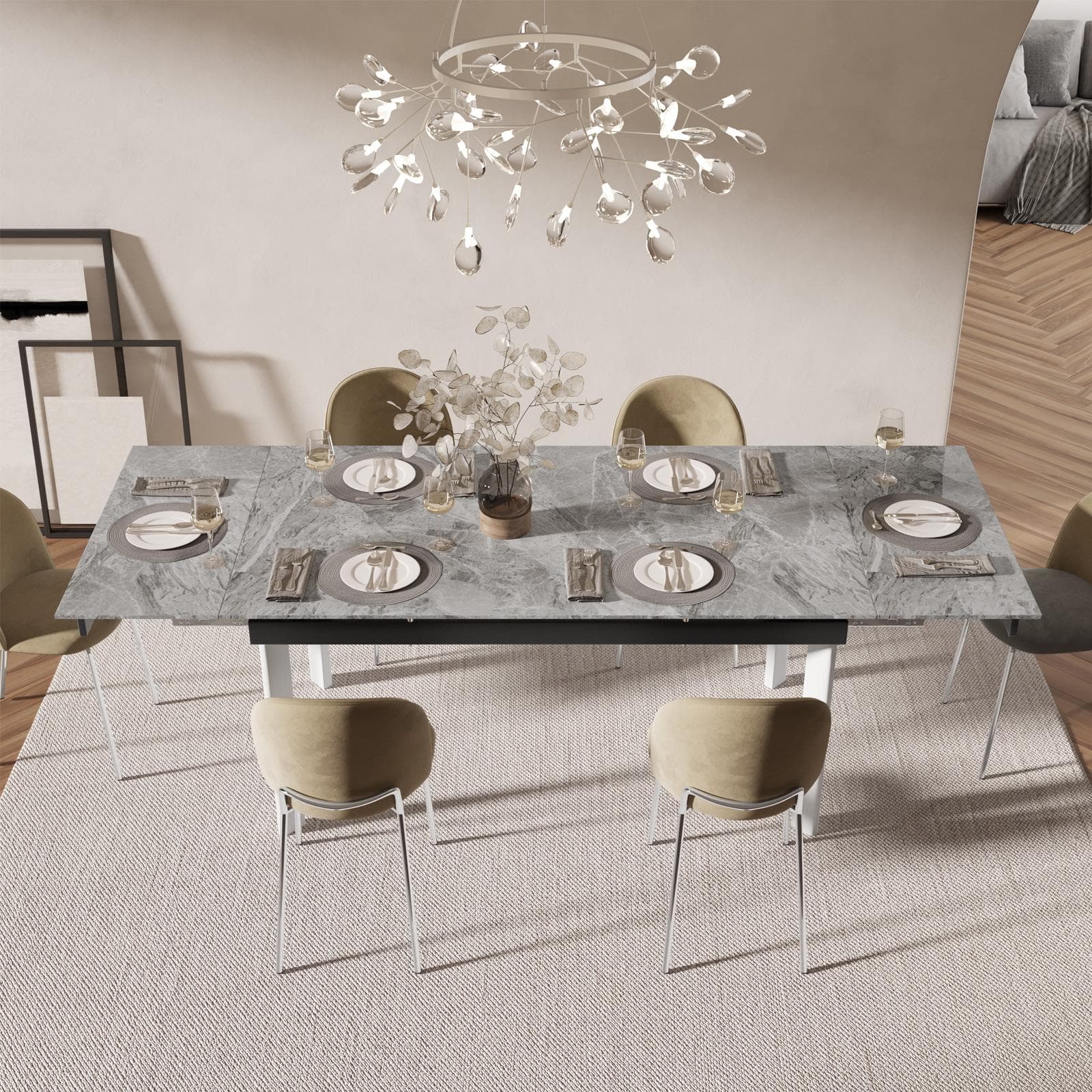 Tavolo allungabile 160-220x90 cm top in ceramica grigio effetto marmo e gambe in metallo bianco - Convito