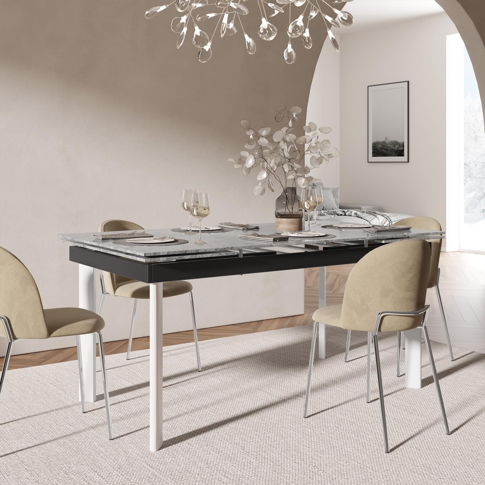 Tavolo allungabile 160-220x90 cm top in ceramica grigio effetto marmo e gambe in metallo bianco - Convito