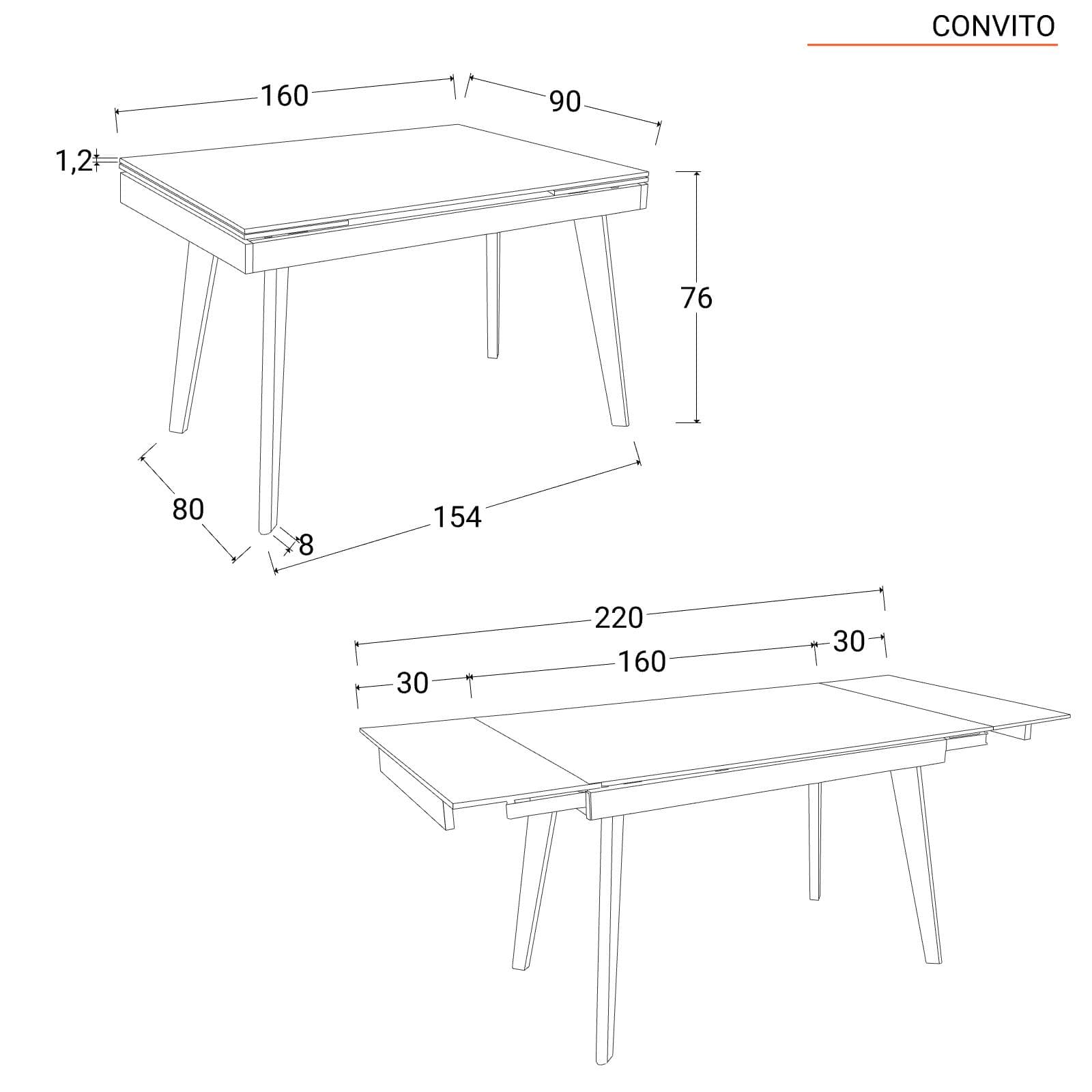 Tavolo allungabile 160-220x90 cm top in ceramica grigio effetto marmo e gambe in metallo bianco - Convito
