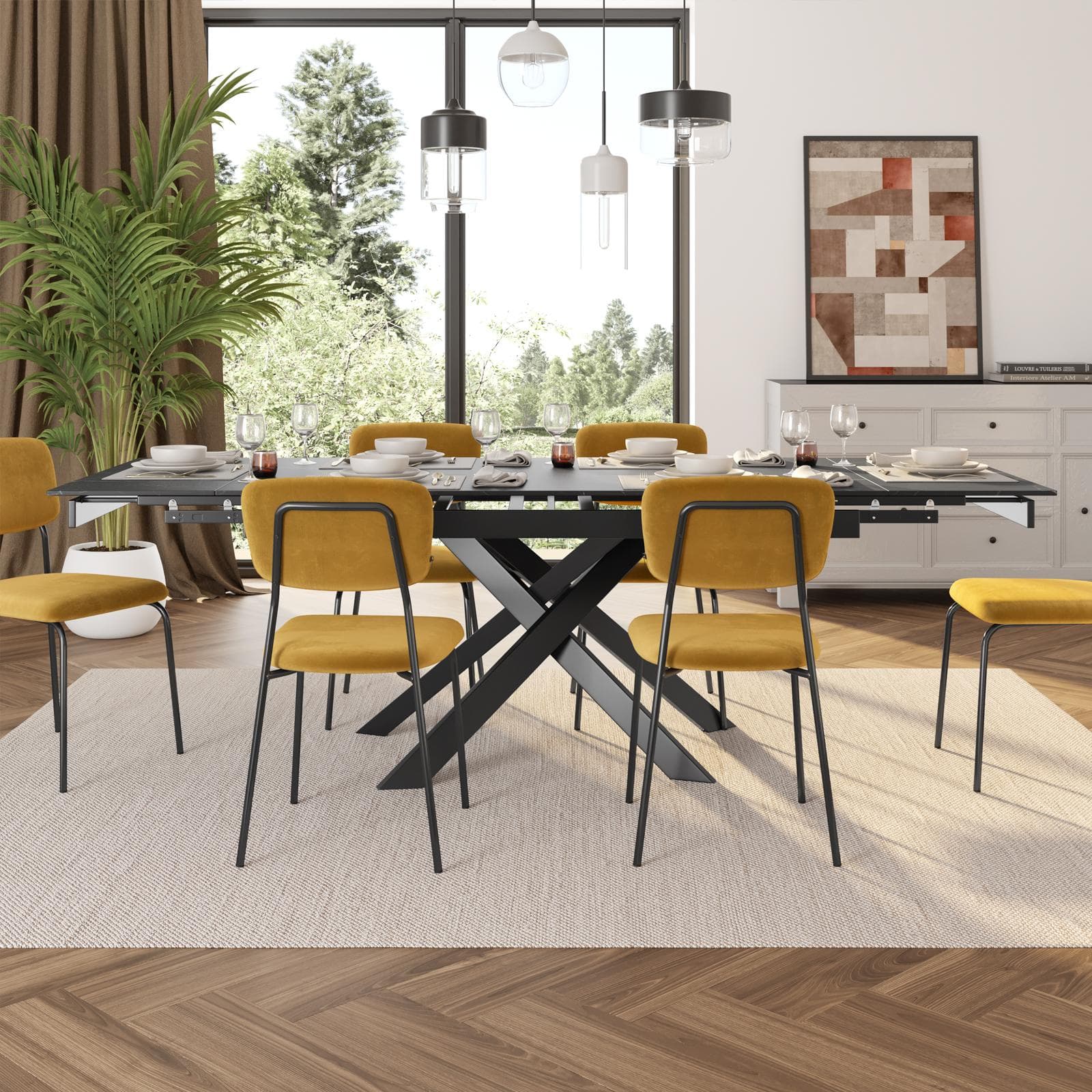 Tavolo allungabile 160-240x90 cm con piano in ceramica nero marquina e gambe nere - Davivo