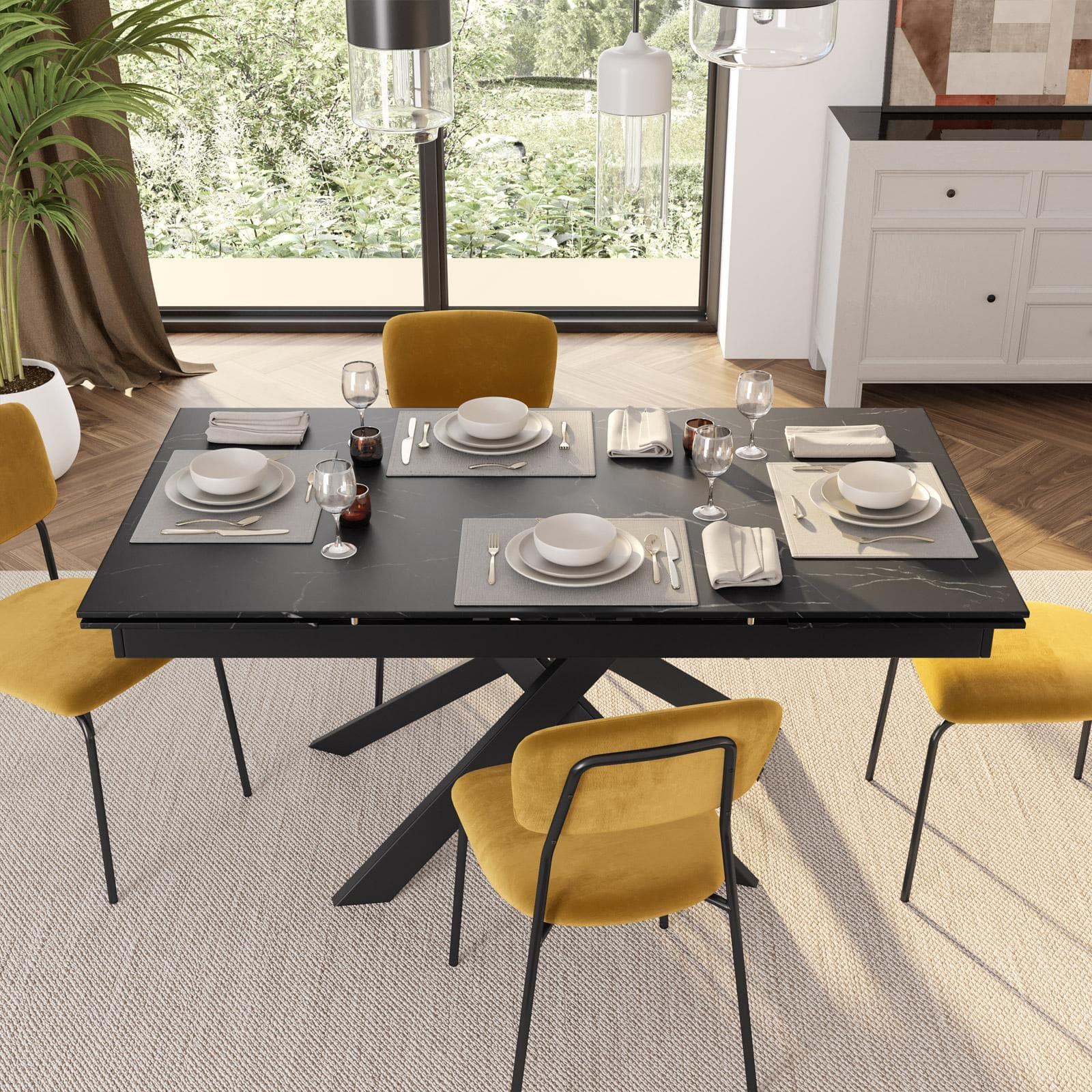 Tavolo allungabile 160-240x90 cm con piano in ceramica nero marquina e gambe nere - Davivo