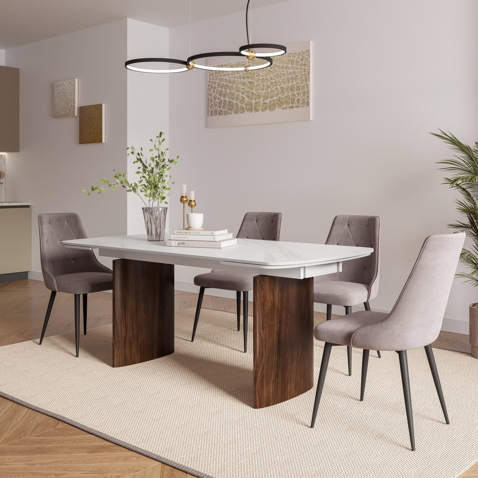 Tavolo allungabile 180-260x90 cm top effetto marmo calacatta venezia opaco con gambe noce - Garvi