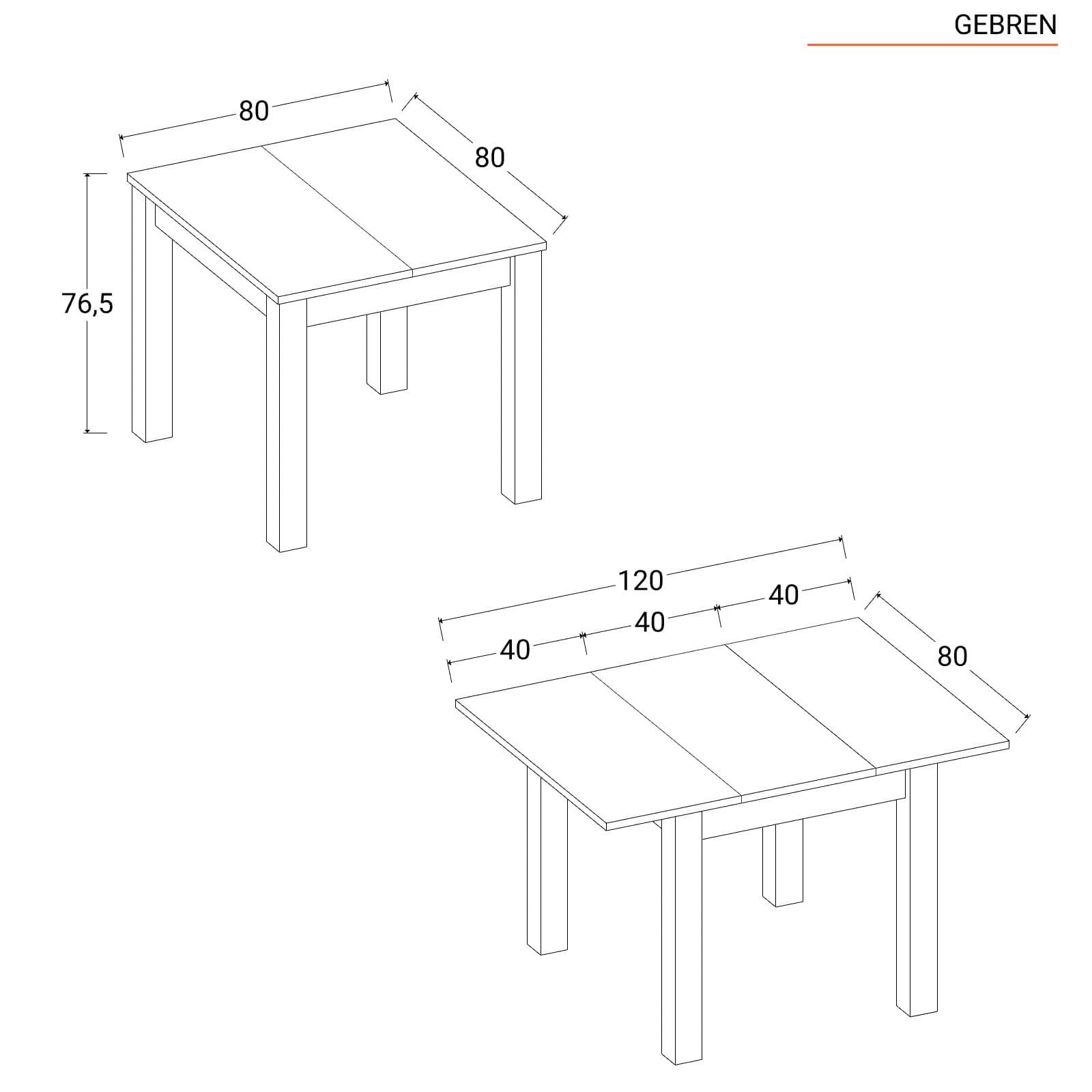 Tavolo allungabile 80-120x80 cm top in rovere e gambe nere - Gebren