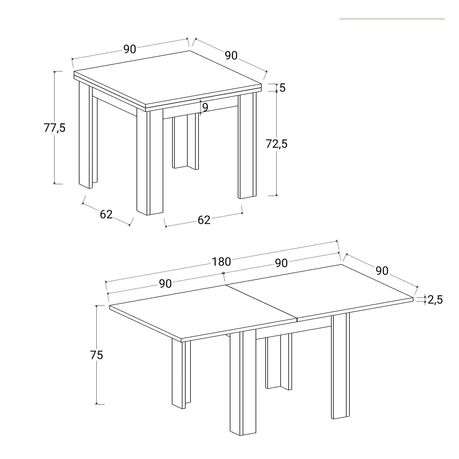 Tavolo allungabile 90-180x90 cm cemento - Riku