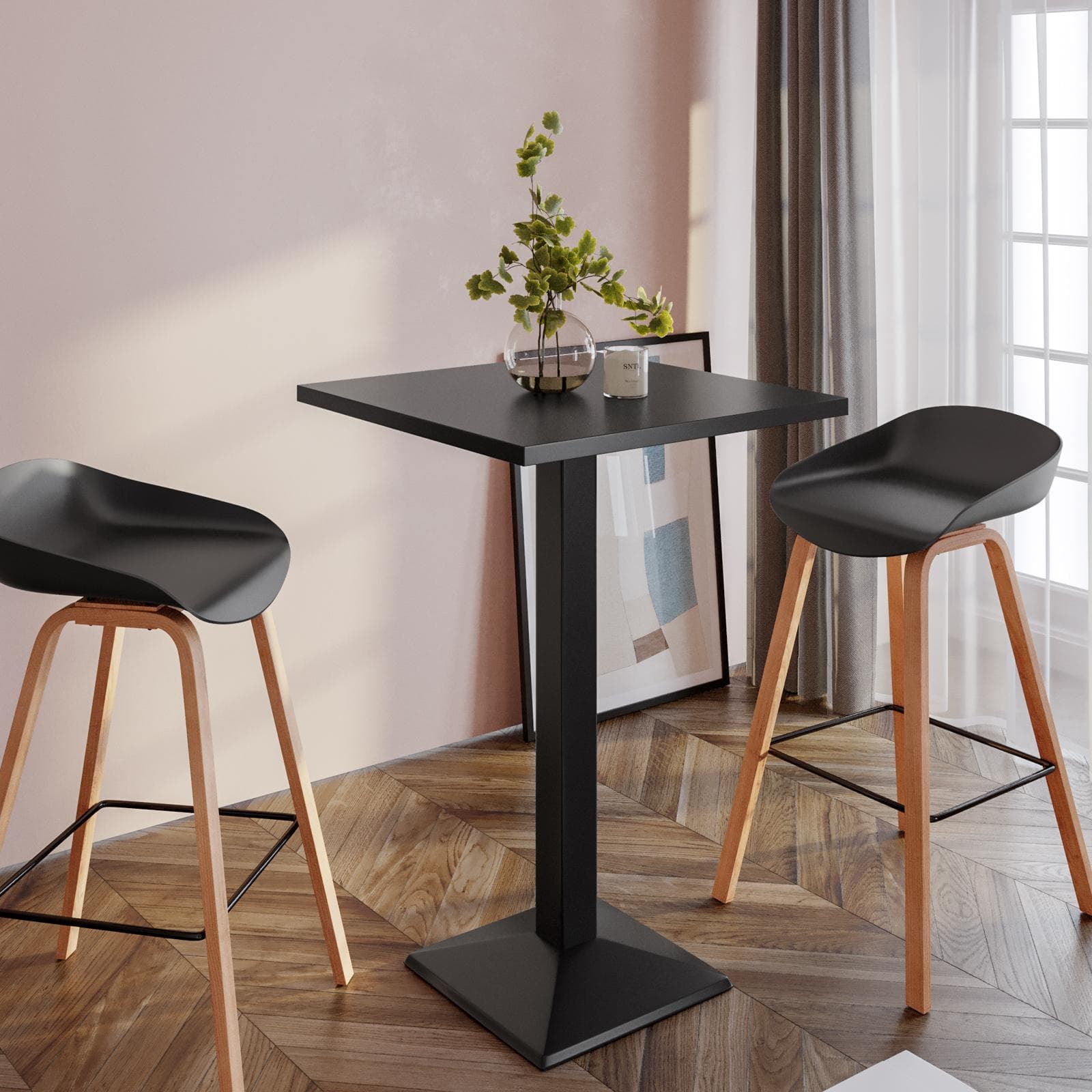 Tavolo alto 60x60 cm top nero con struttura in metallo nero - Caio