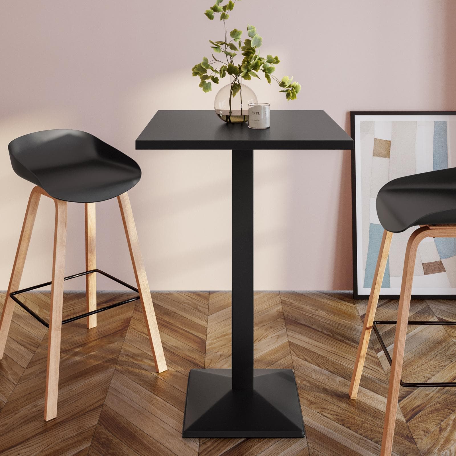 Tavolo alto 60x60 cm top nero con struttura in metallo nero - Caio
