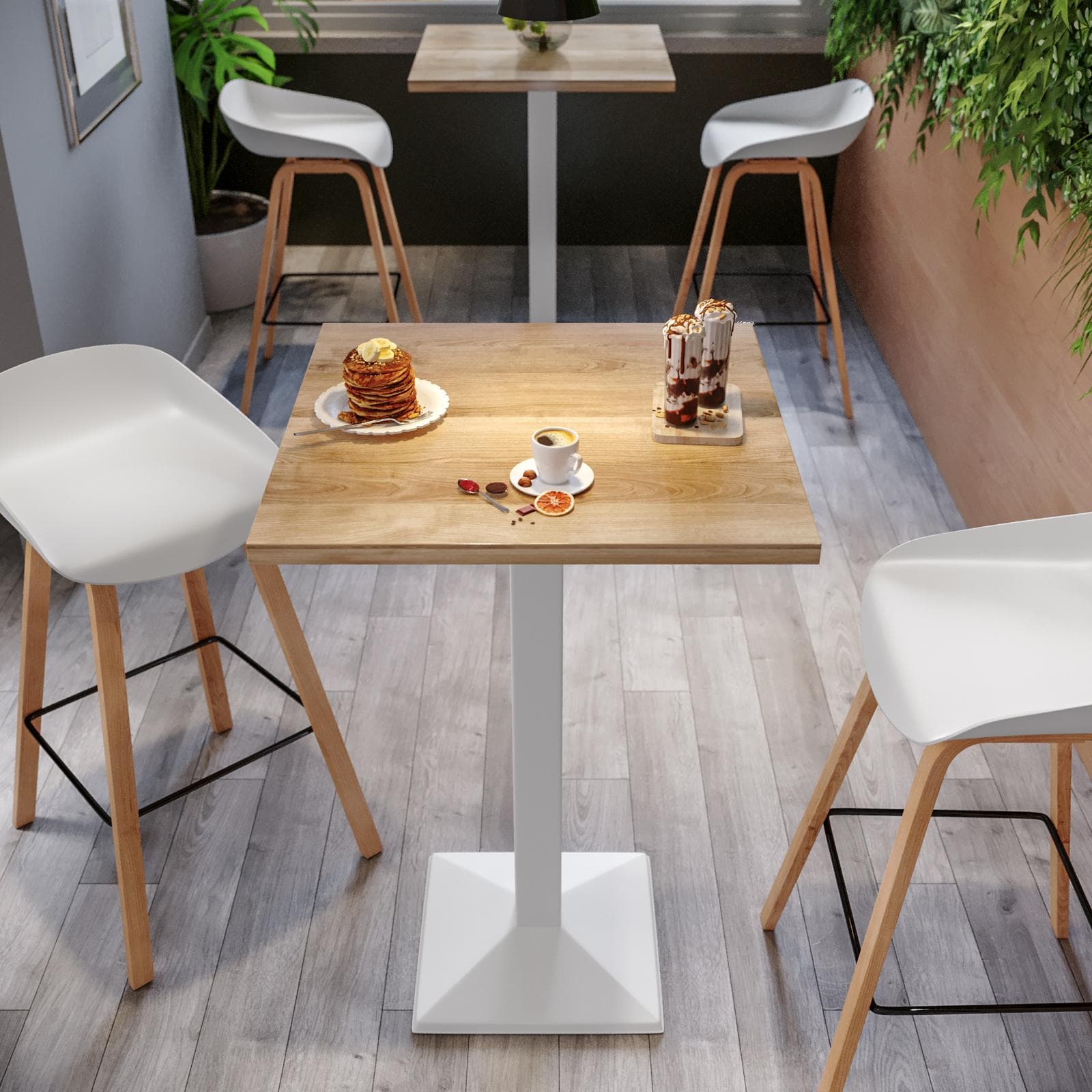 Tavolo alto 60x60 cm con piano rovere e struttura in metallo bianco - Caio