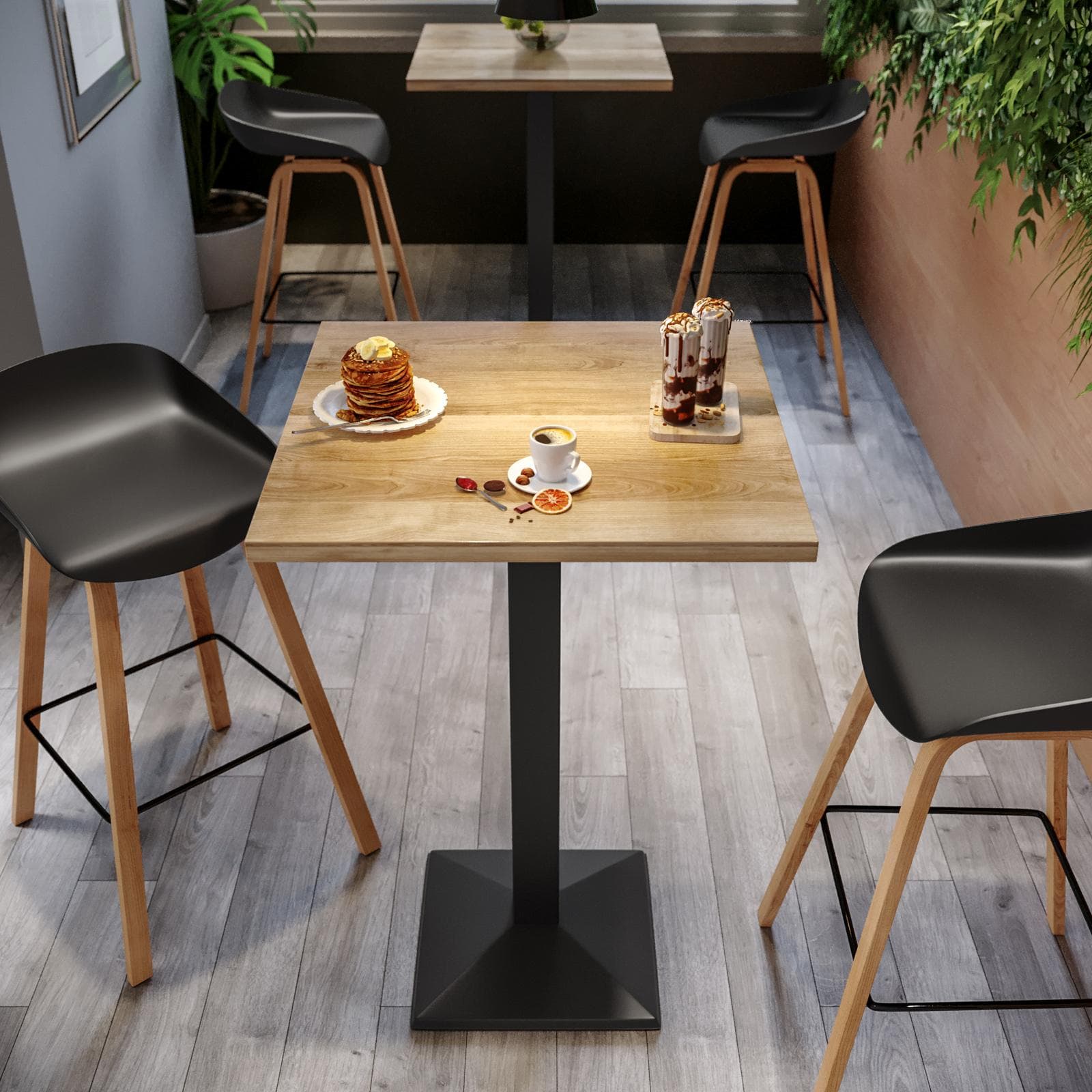 Tavolo alto 60x60 cm con piano rovere e struttura in metallo nero - Caio