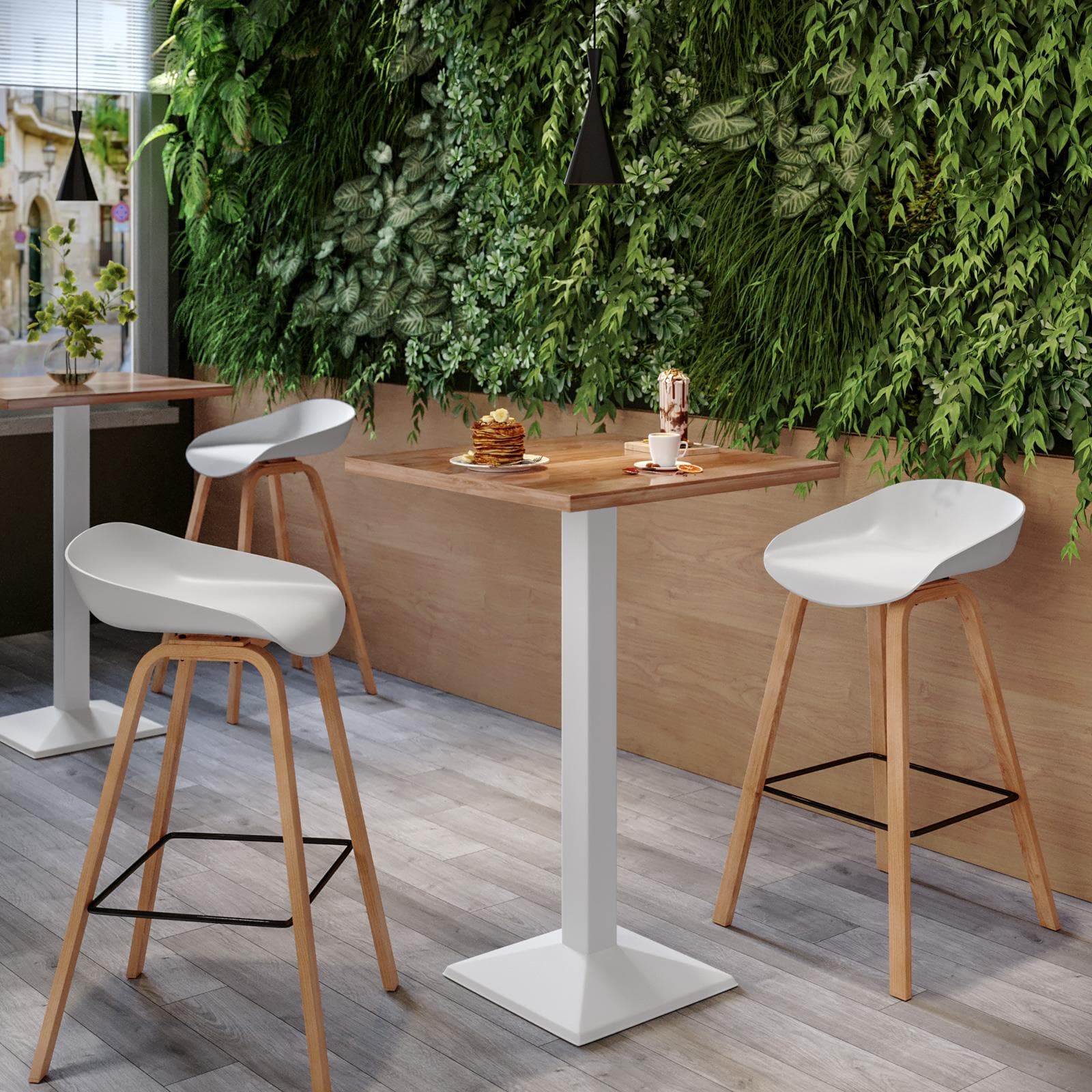 Tavolo alto 60x60 cm con piano rovere scuro e struttura in metallo bianco - Caio