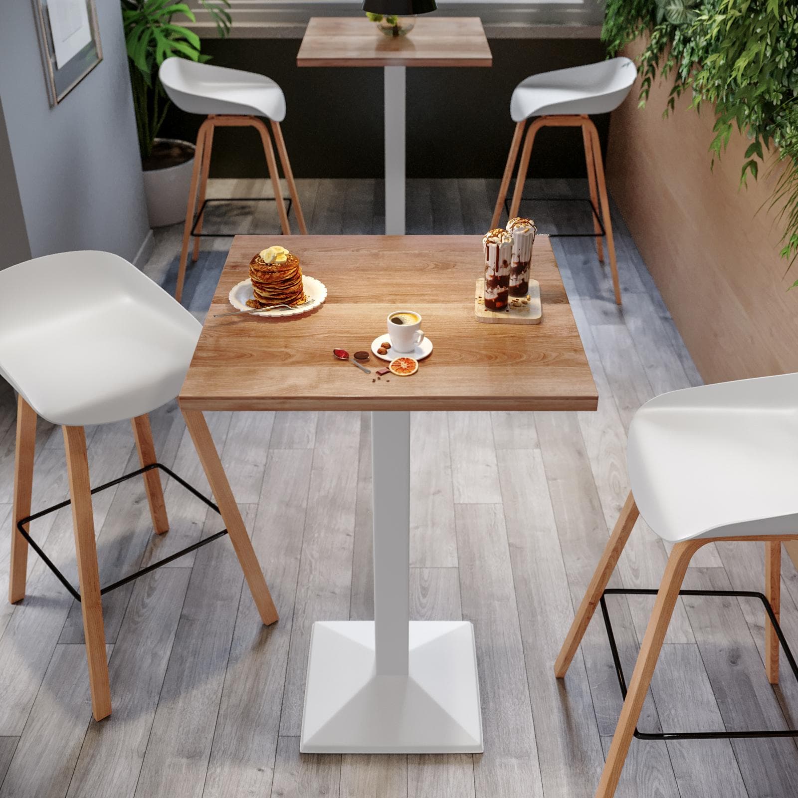 Tavolo alto 60x60 cm con piano rovere scuro e struttura in metallo bianco - Caio