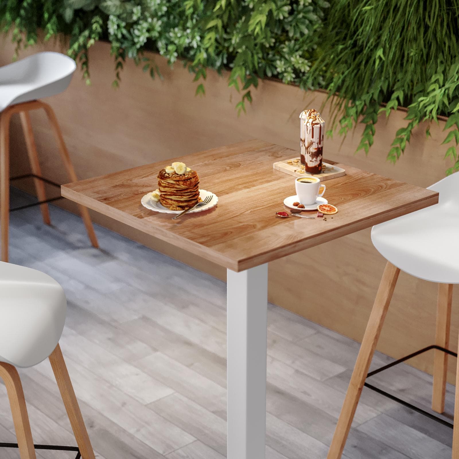 Tavolo alto 60x60 cm con piano rovere scuro e struttura in metallo bianco - Caio