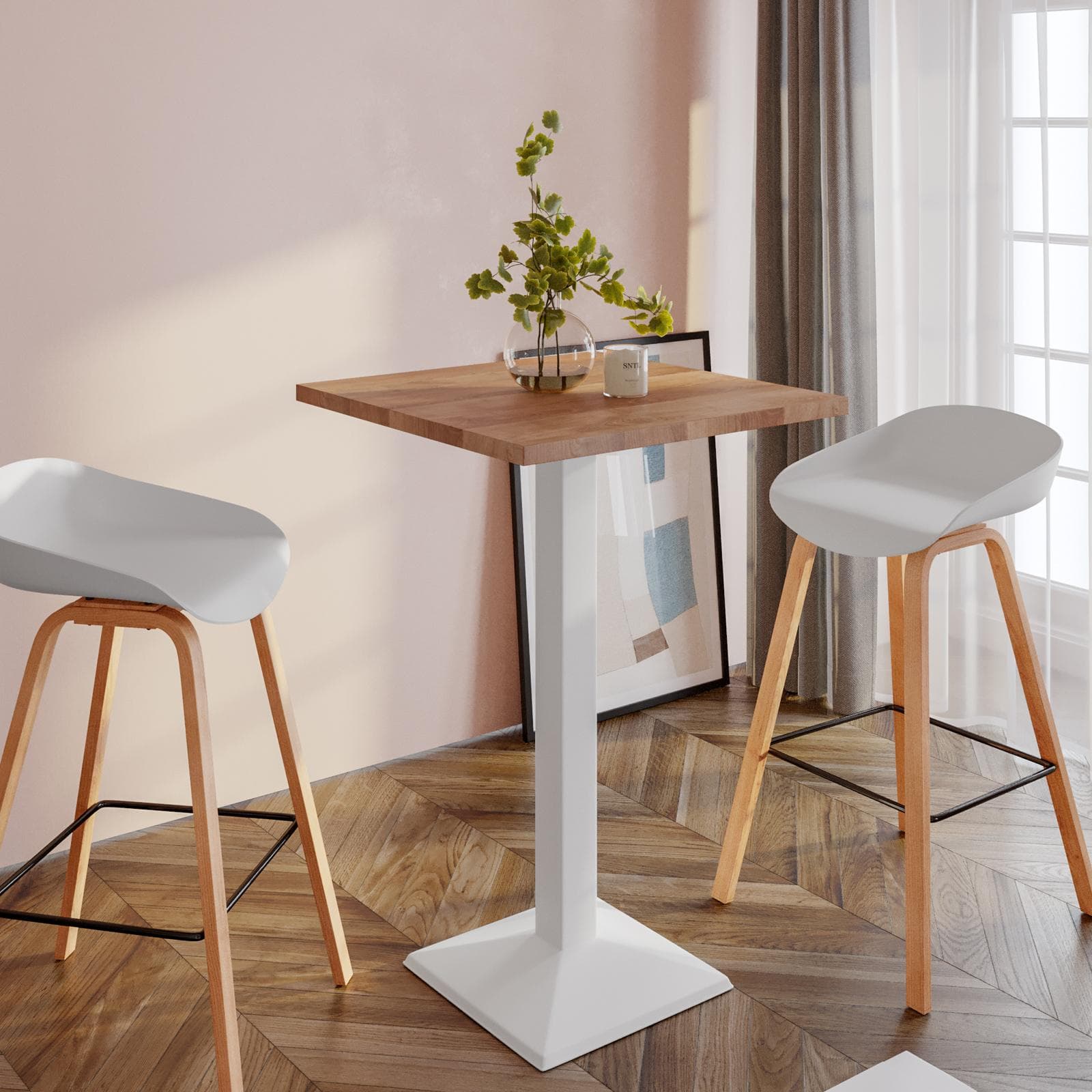 Tavolo alto 60x60 cm con piano rovere scuro e struttura in metallo bianco - Caio