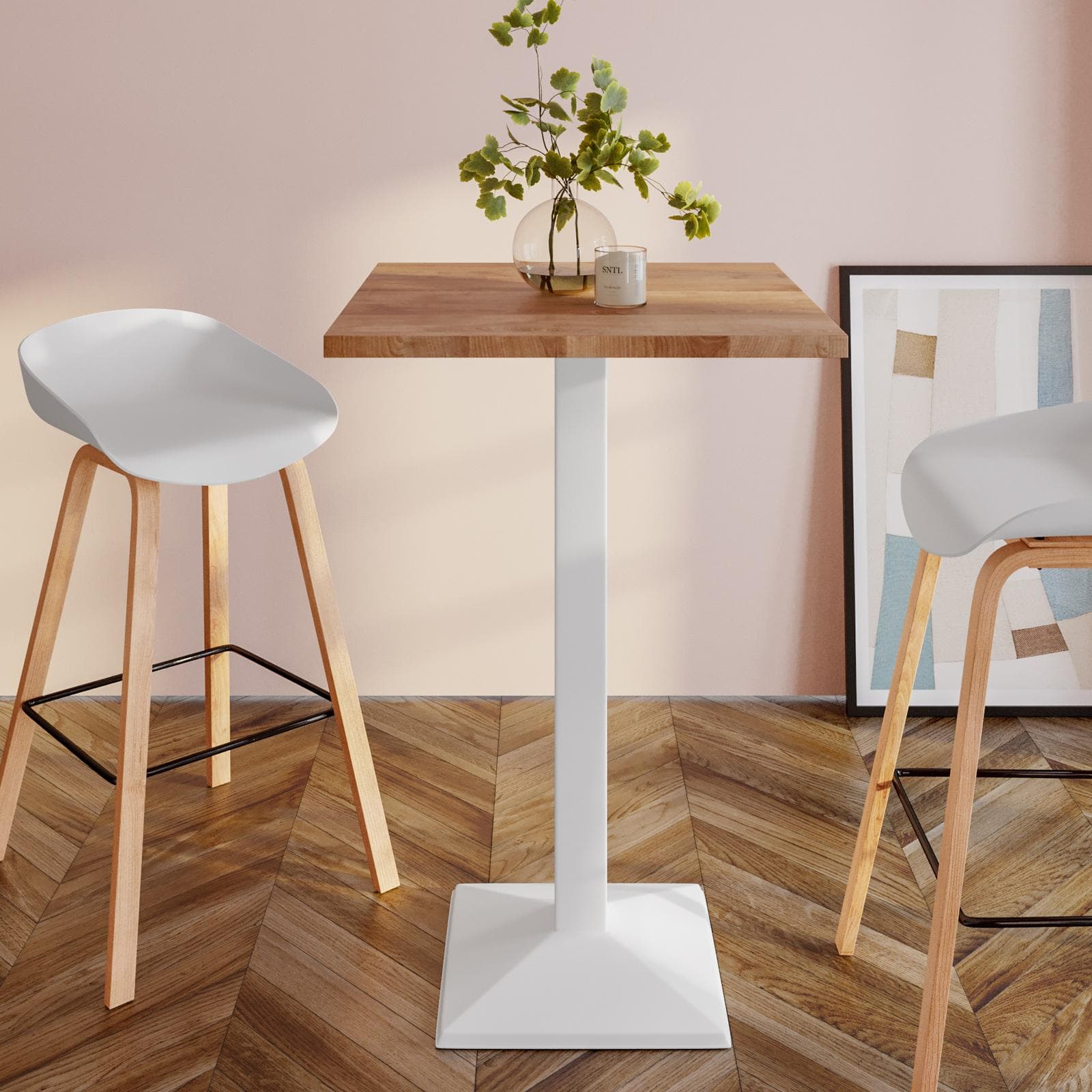 Tavolo alto 60x60 cm con piano rovere scuro e struttura in metallo bianco - Caio