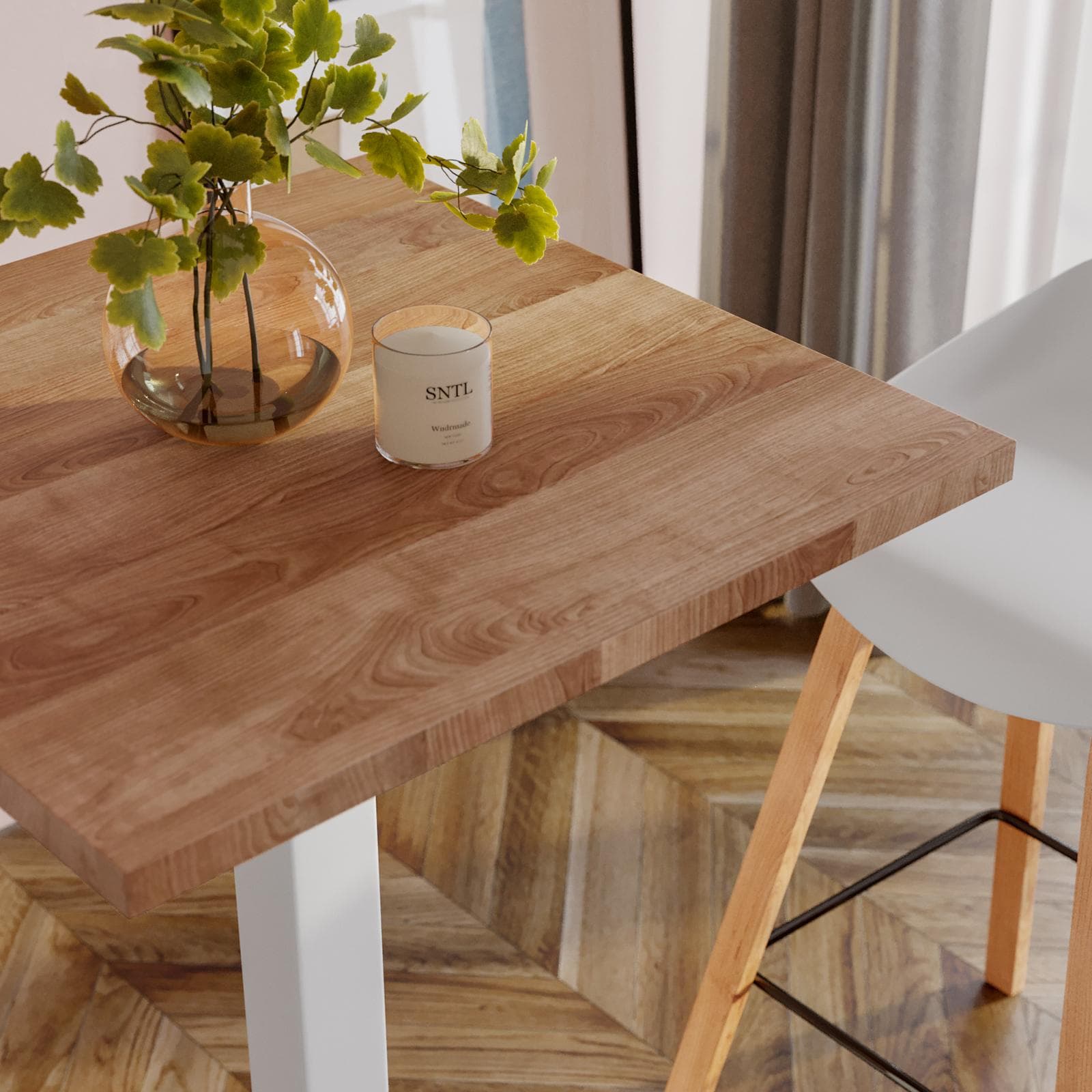 Tavolo alto 60x60 cm con piano rovere scuro e struttura in metallo bianco - Caio