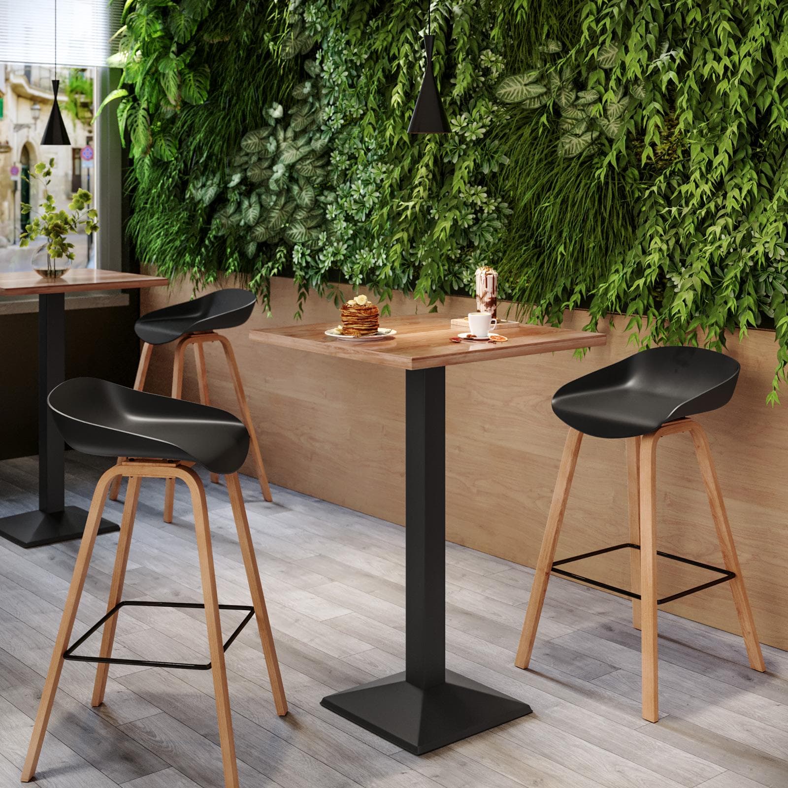 Tavolo alto 60x60 cm con piano rovere scuro e struttura in metallo nero - Caio