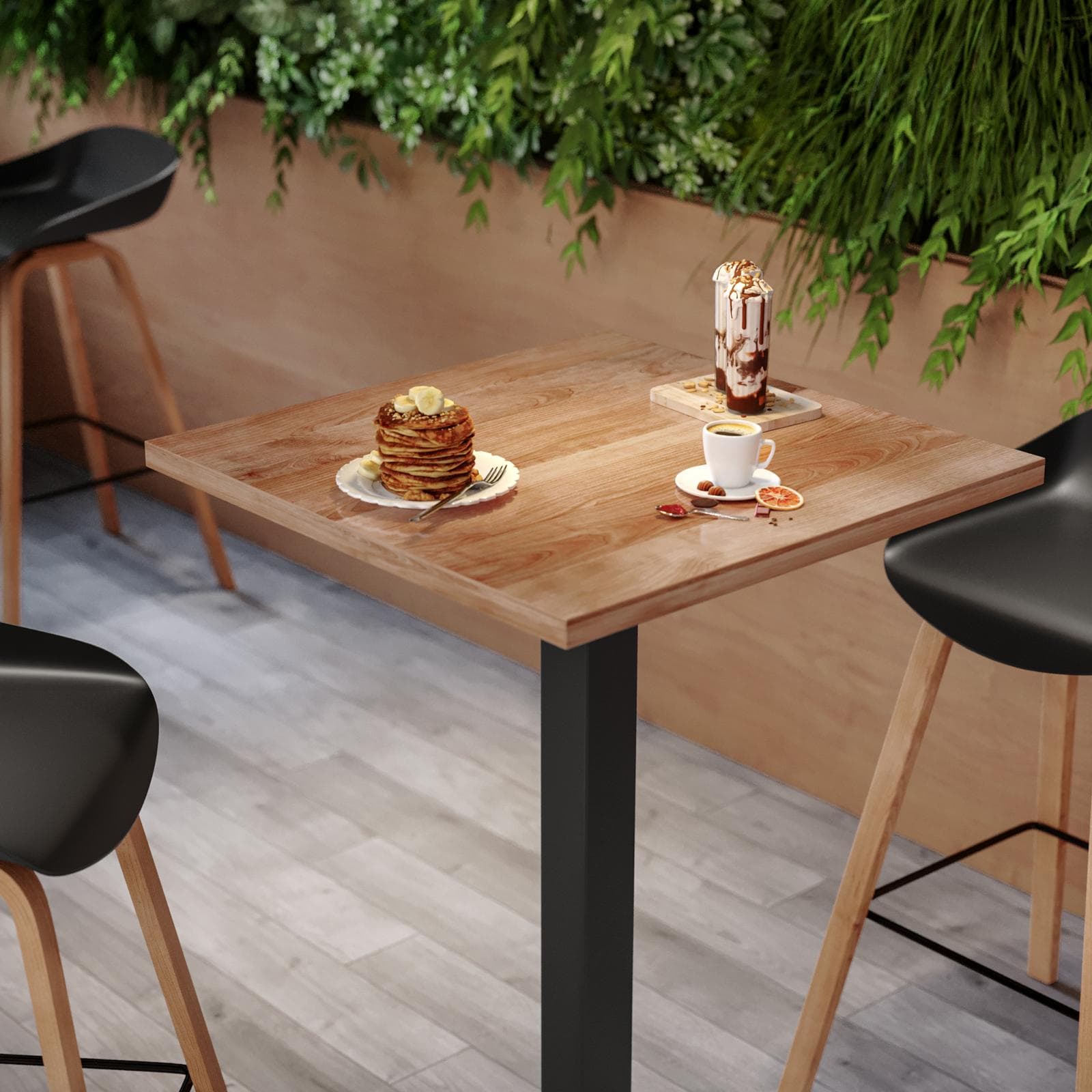 Tavolo alto 60x60 cm con piano rovere scuro e struttura in metallo nero - Caio