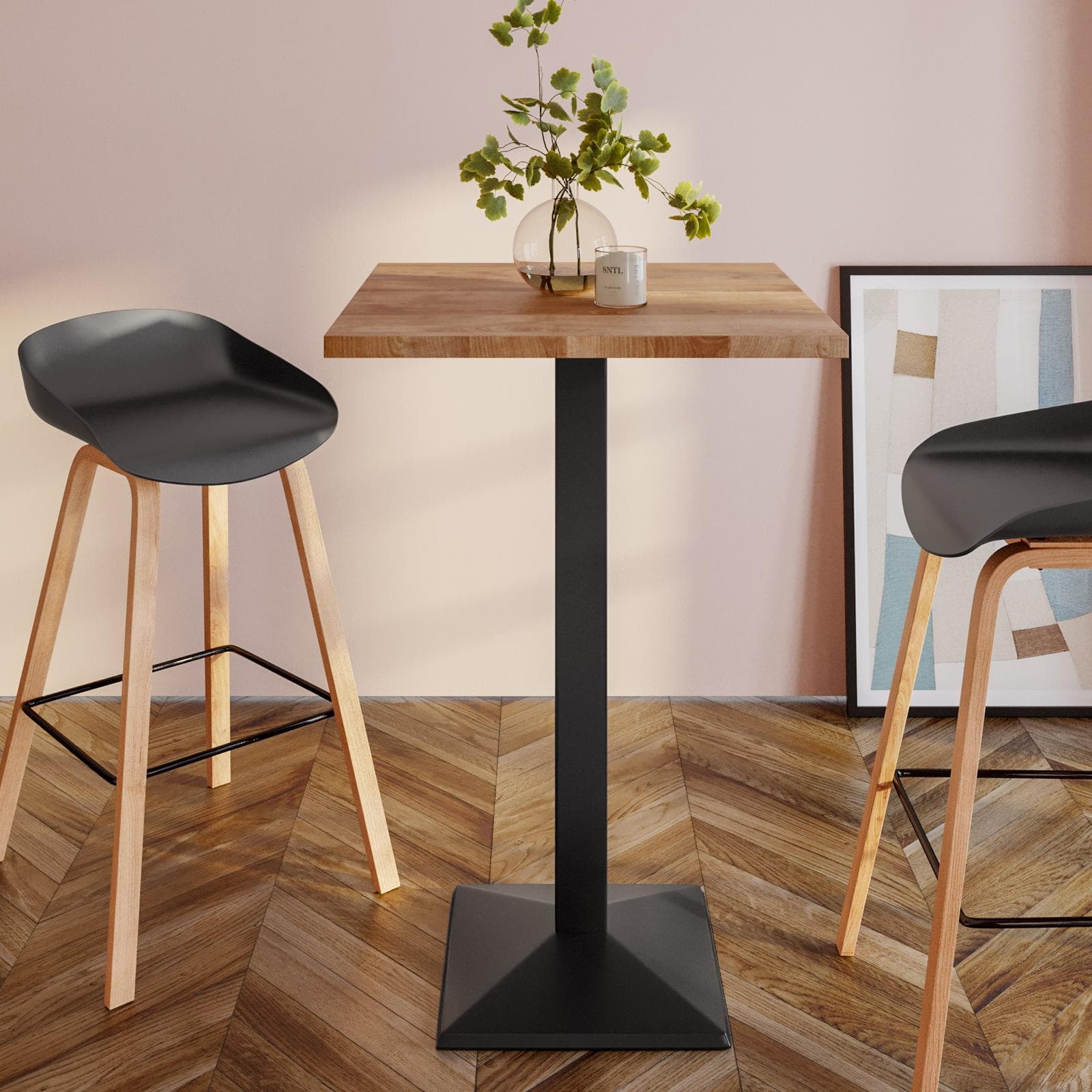 Tavolo alto 60x60 cm con piano rovere scuro e struttura in metallo nero - Caio