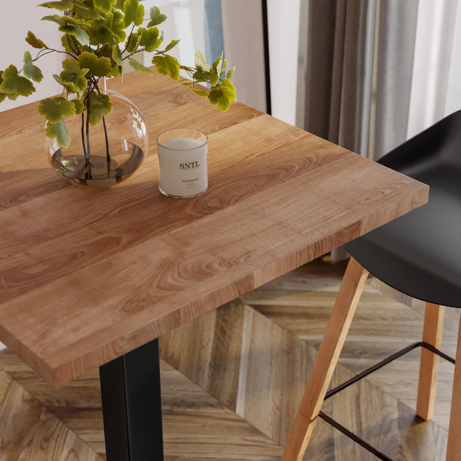 Tavolo alto 60x60 cm con piano rovere scuro e struttura in metallo nero - Caio