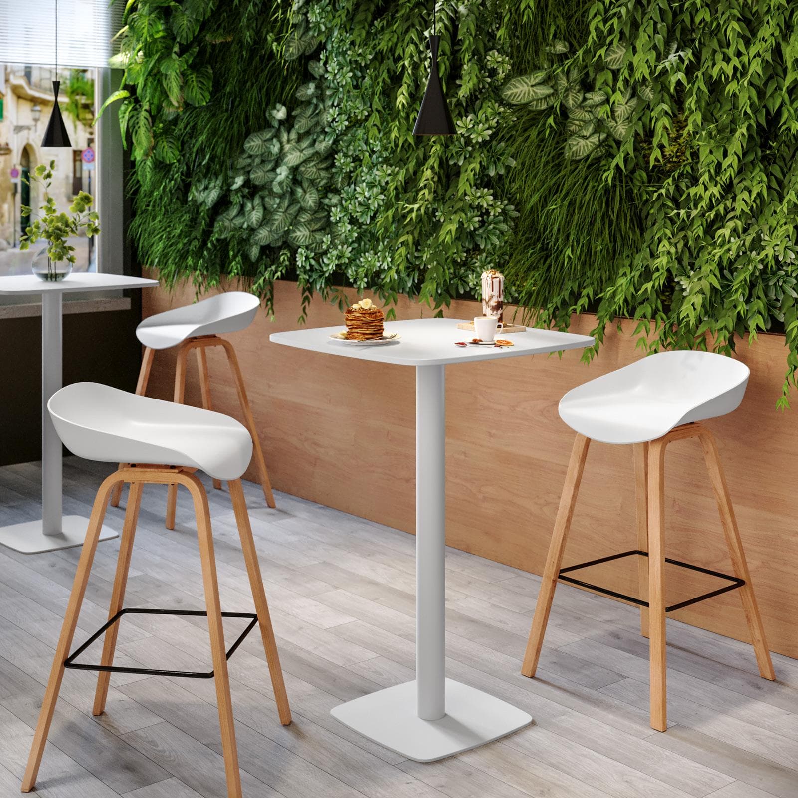 Tavolo alto 60x60 cm top bianco con bordi arrotondati con base in metallo bianco - Caio Round