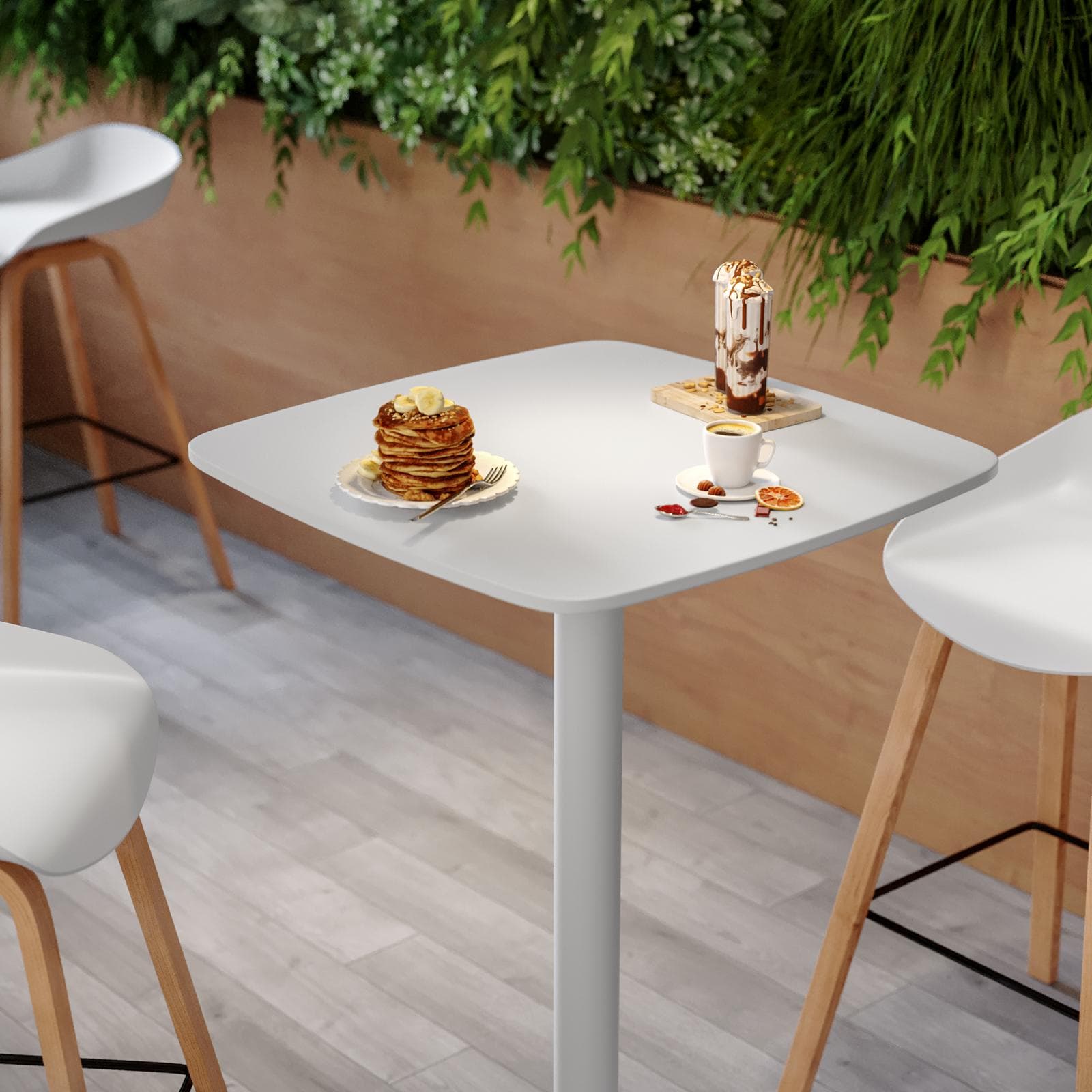 Tavolo alto 60x60 cm top bianco con bordi arrotondati con base in metallo bianco - Caio Round